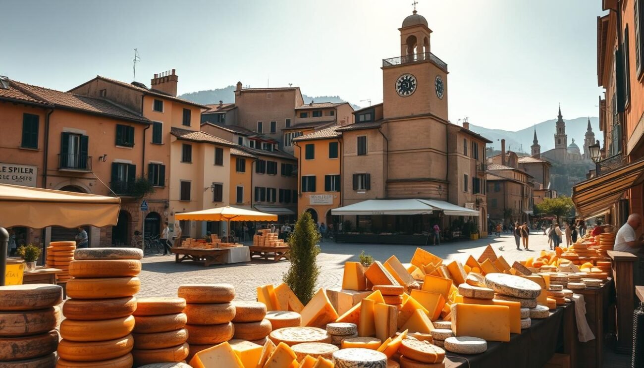 A quaint Italian village nestled in the rolling hills, featuring a charming town square with a central clock tower. In the foreground, a vibrant outdoor market showcases an array of local artisanal cheeses, their rich textures and flavors inviting passersby. Sunlight filters through the cobblestone streets, casting a warm, golden glow over the scene. In the background, the facades of historic buildings and the silhouettes of distant church spires create a picturesque, timeless atmosphere. The overall composition evokes a sense of tradition, community, and the celebration of Italy's renowned cheesemaking heritage.