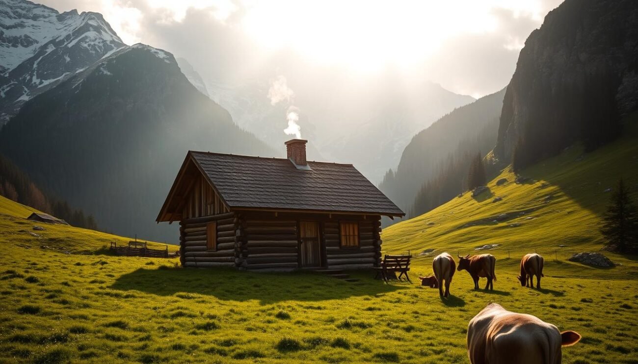 A quaint alpine hut nestled in a lush, verdant meadow, surrounded by towering snow-capped peaks. The weathered wooden structure stands tall, its roof adorned with traditional slate tiles. Wisps of smoke curl from the chimney, beckoning visitors to step inside and discover the rich traditions and flavors of the region. Sunlight filters through the clouds, casting a warm, golden glow over the pastoral scene. Cows graze peacefully in the foreground, their bells chiming softly in the crisp mountain air. This idyllic, picturesque "malga" embodies the essence of Italy's alpine heritage, inviting travelers to immerse themselves in the natural beauty and culinary delights of this captivating landscape.