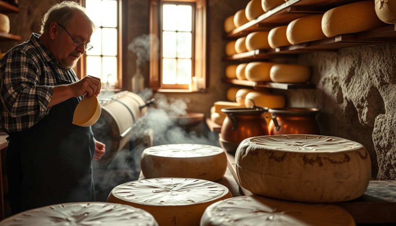 A quaint cheesemaking workshop nestled in the picturesque hills of Veneto. Weathered hands carefully tending to the aging wheels of Bastardo del Grappa, a traditional Italian cheese with a bold, pungent flavor. Copper cauldrons steam as fresh curds are gently pressed and salted, the aroma of aging wood and pungent spices filling the air. Sunlight filters through the windows, casting a warm glow on the scene as the cheese master monitors the maturation process with practiced precision. The final product, a rustic wheel with a mottled rind, ready to be savored and shared, a true taste of the region's proud culinary heritage.