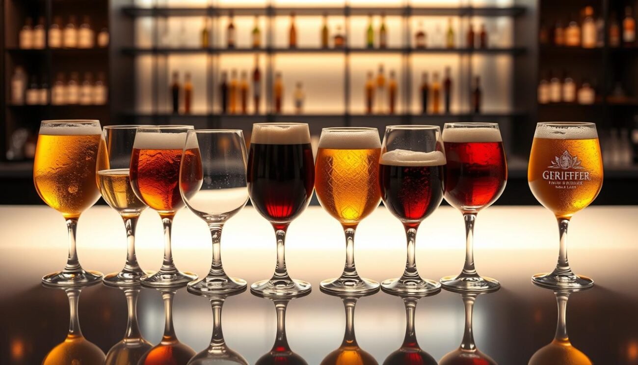 A refined collection of beer glasses, each designed to showcase the unique characteristics of different beer styles. A sleek, modern bar setting with a minimalist aesthetic, bathed in warm, ambient lighting that casts a soft glow on the glassware. The glasses are arranged in a visually appealing, symmetrical composition, highlighting their elegant silhouettes and subtle variations in shape and size. The scene conveys a sense of sophistication and connoisseurship, inviting the viewer to explore the perfect pairing of beer and glassware. A refined collection of beer glasses, each designed to showcase the unique characteristics of different beer styles. A sleek, modern bar setting with a minimalist aesthetic, bathed in warm, ambient lighting that casts a soft glow on the glassware. The glasses are arranged in a visually appealing, symmetrical composition, highlighting their elegant silhouettes and subtle variations in shape and size. The scene conveys a sense of sophistication and connoisseurship, inviting the viewer to explore the perfect pairing of beer and glassware.