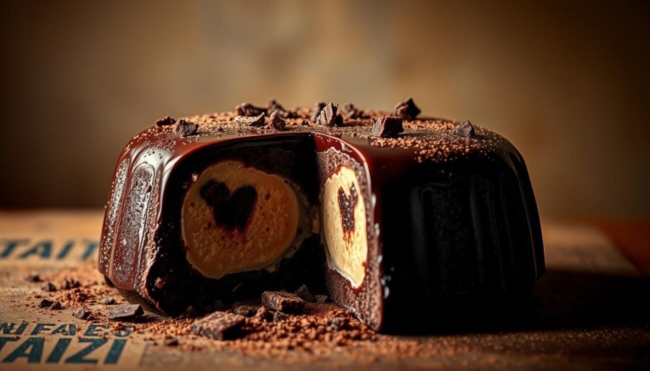 A rich, decadent Italian dessert, Tartufo di Pizzo, emerges from the post-war era with a burst of indulgence. Set against a warm, muted backdrop, the frozen confection gleams with a glossy exterior, its cross-section revealing a creamy, chocolate-infused interior. Delicate cocoa dust and shards of dark chocolate adorn the surface, hinting at the sumptuous flavors within. Dramatic lighting casts dramatic shadows, evoking the mood of the economic boom and the new traditions that blossomed in Italy during this vibrant period. The composition is carefully balanced, drawing the eye to the captivating centerpiece - a testament to the nation's culinary renaissance in the mid-20th century.