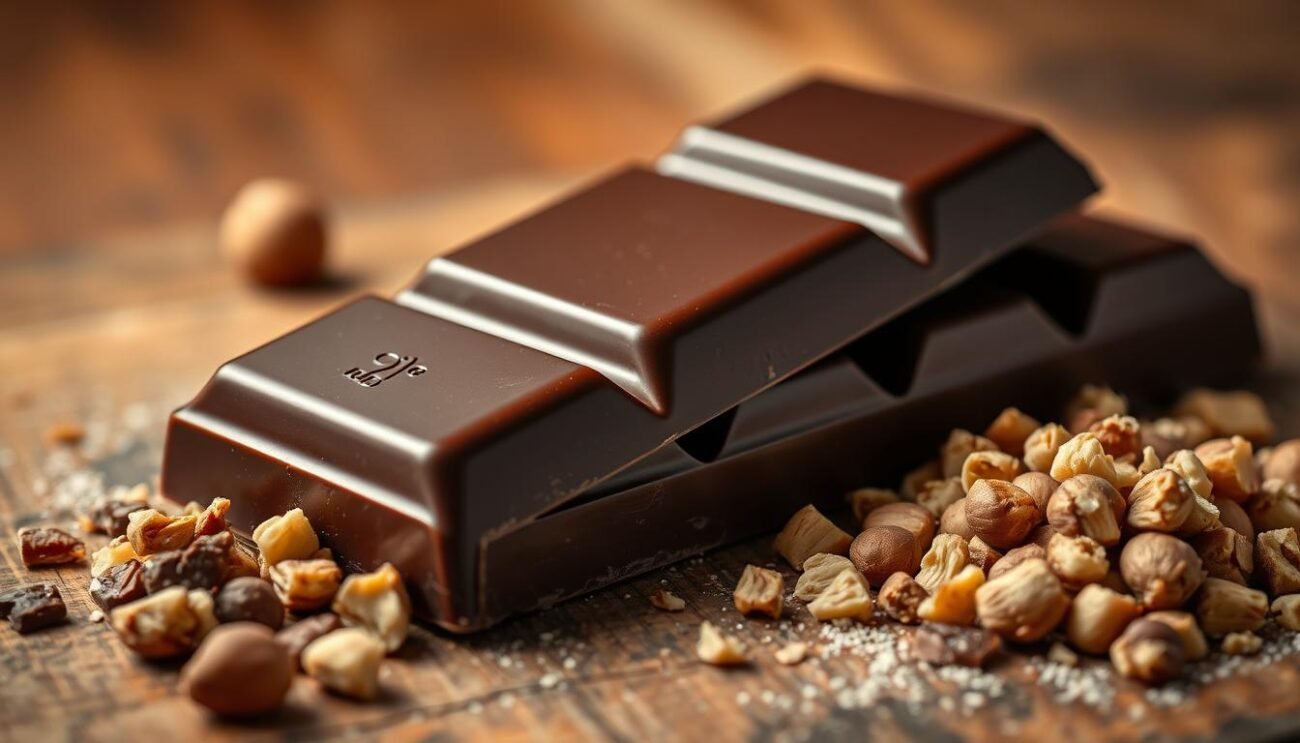 A rich, glossy dark chocolate bar, its surface gleaming under warm studio lighting. Thick, velvety in texture, with a deep, complex flavor that lingers on the palate. Coarsely chopped hazelnuts from Piedmont, their warm, toasted notes complementing the pure chocolate. Arranged artfully on a rustic wooden surface, capturing the essence of the indulgent "Baci di Dama Leggeri" - light hazelnut cookies sandwiched with this decadent, sugarless chocolate. Shot from a low angle to highlight the sumptuous ingredients, creating an appetizing and visually striking representation of the recipe's key components.