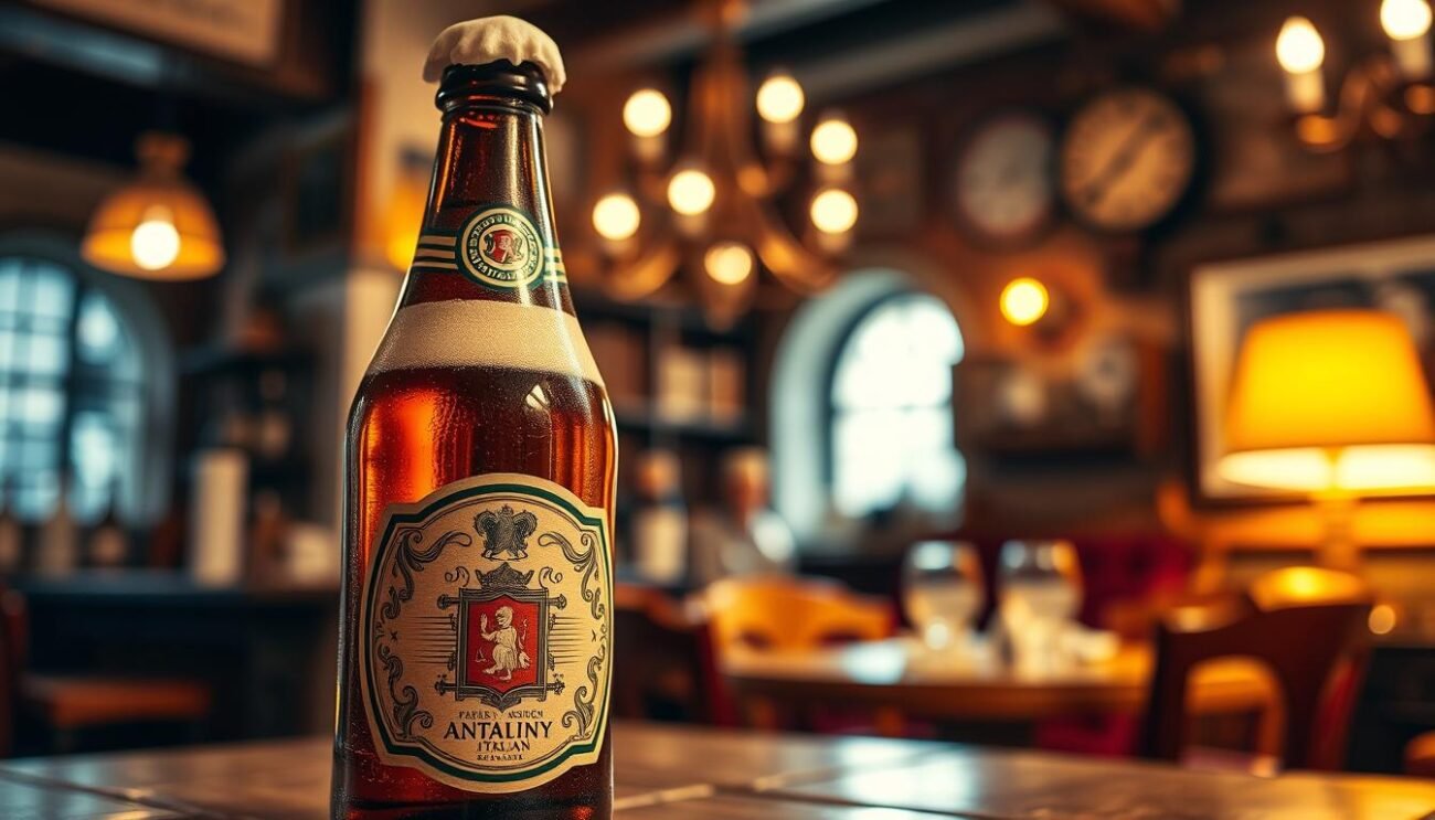A rustic Italian artisanal beer, with a rich amber hue and a thick, creamy head. The bottle is adorned with a vintage-inspired label, featuring intricate designs and a traditional Italian crest. The background showcases a cozy Italian pub, with warm lighting and wooden furnishings, creating an inviting atmosphere. The composition captures the essence of Italian craftsmanship and the cultural tradition of enjoying a well-made local brew. Subtle hues of ochre, sepia, and golden tones evoke a sense of timelessness and authenticity. The image should be shot with a shallow depth of field, placing the beer bottle in sharp focus while softening the background details.