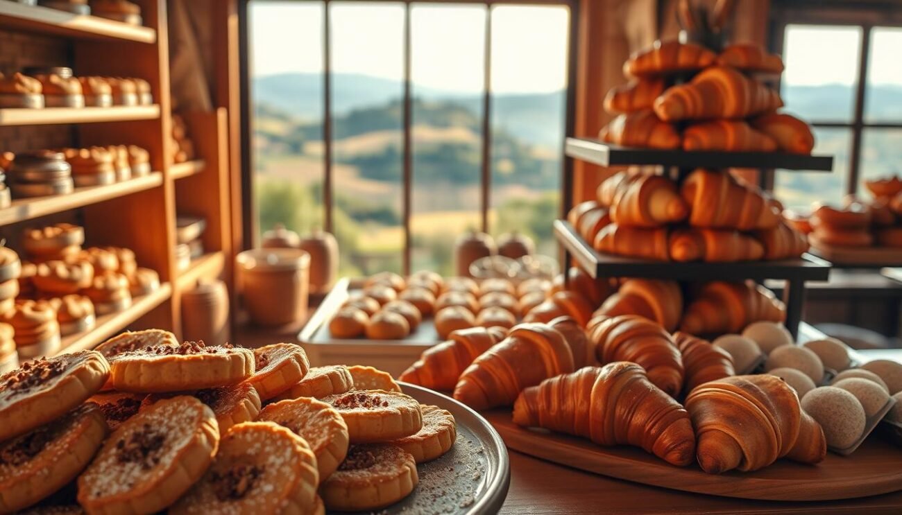 A rustic Italian bakery, its wooden shelves displaying an array of dolci senza zucchero naturali. The foreground features a platter of artisanal biscuits, their golden crusts dusted with powdered superfood toppings. In the middle ground, a tower of flaky croissants, their buttery layers infused with fragrant vanilla and aromatic spices. The background showcases a panoramic view of the rolling Tuscan countryside, bathed in warm, golden light that filters through the bakery's large windows. The overall scene exudes a sense of wholesome indulgence, celebrating the natural sweetness and flavors of traditional Italian pastries.