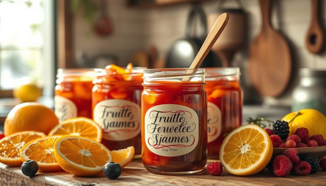 A rustic Italian kitchen counter, bathed in warm, golden light. Jars of homemade fruit preserves sit proudly, their vibrant colors and thick, glossy textures beckoning. Sliced fruits, such as oranges, lemons, and berries, adorn the scene, hinting at the natural sweetness within. The jar labels feature hand-lettered calligraphy, conveying a sense of artisanal craftsmanship. A wooden spoon dips into one of the jars, suggesting the process of tasting and savoring this homemade delight. The overall atmosphere evokes a cozy, authentic Italian kitchen, where the joy of preserving the season's bounty is celebrated.
