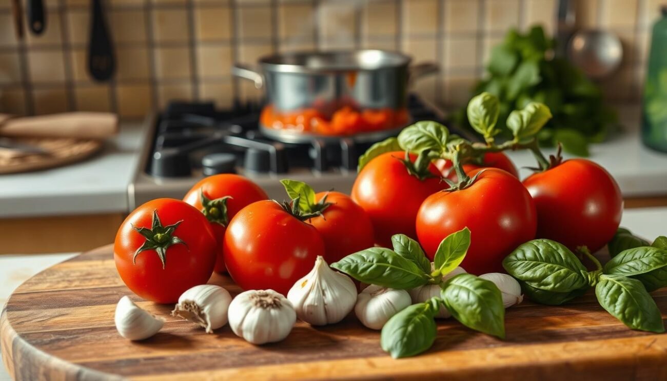 A rustic Italian kitchen scene, with a large wooden cutting board in the foreground. Fresh Roma tomatoes, garlic cloves, and fresh basil leaves are carefully arranged on the board, ready for preparation. The lighting is warm and soft, casting gentle shadows and highlights. In the middle ground, a simmering pot of tomato sauce bubbles on a vintage gas stovetop, steam gently rising. The background features a simple tiled backsplash and a few strategically placed cooking utensils, conveying a sense of culinary expertise. The overall atmosphere is one of authentic Italian cuisine, with a focus on the humble yet essential ingredients that make up the foundation of a delicious tomato sauce.