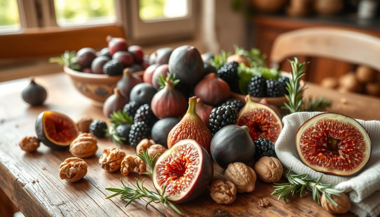 A rustic Italian kitchen table, bathed in warm natural light, overflows with an array of vibrant, nutrient-dense superfoods. Juicy figs, luscious blackberries, earthy walnuts, and fragrant rosemary sprigs are artfully arranged, hinting at the wholesome, homemade desserts that could be crafted from these flavorful ingredients. The scene evokes a sense of simplicity and contentment, reflecting the beauty and health benefits of utilizing Italy's bountiful natural resources to create delectable, sugar-free confections.