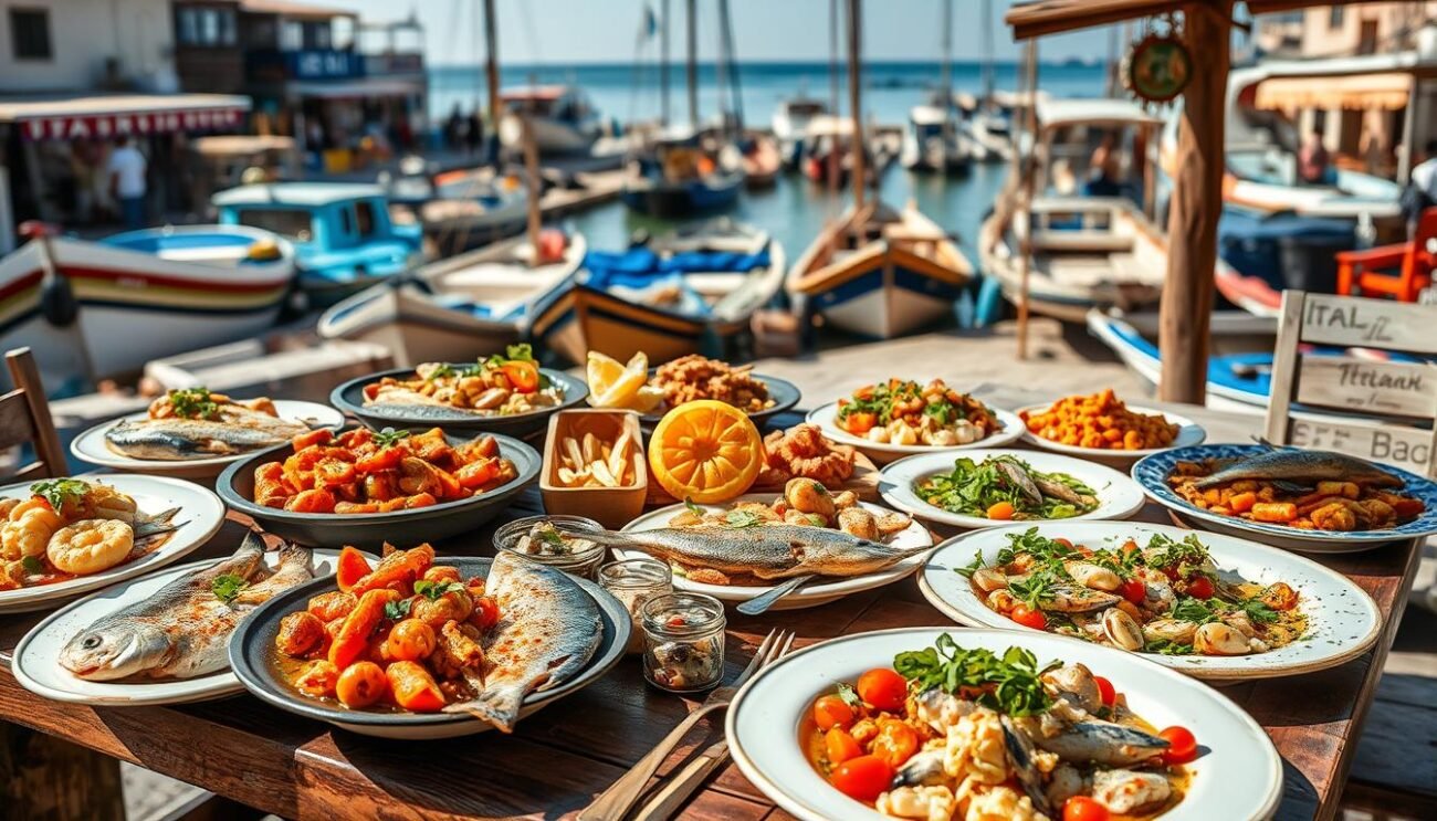 A rustic Italian seaside setting, showcasing an array of regional seafood dishes. In the foreground, a wooden table laden with freshly caught fish, expertly prepared in traditional coastal styles - grilled, fried, and served with vibrant, locally-sourced ingredients. Finely plated, the dishes exude the essence of each coastal region, from the rich, tomato-based stews of the south to the delicate, herb-infused preparations of the north. Surrounding the table, a backdrop of weathered fishing boats, dockside markets, and sun-dappled seascapes, capturing the essence of Italy's diverse maritime culinary heritage. Warm, golden lighting casts a cozy, inviting atmosphere, inviting the viewer to savor the flavors of the sea.