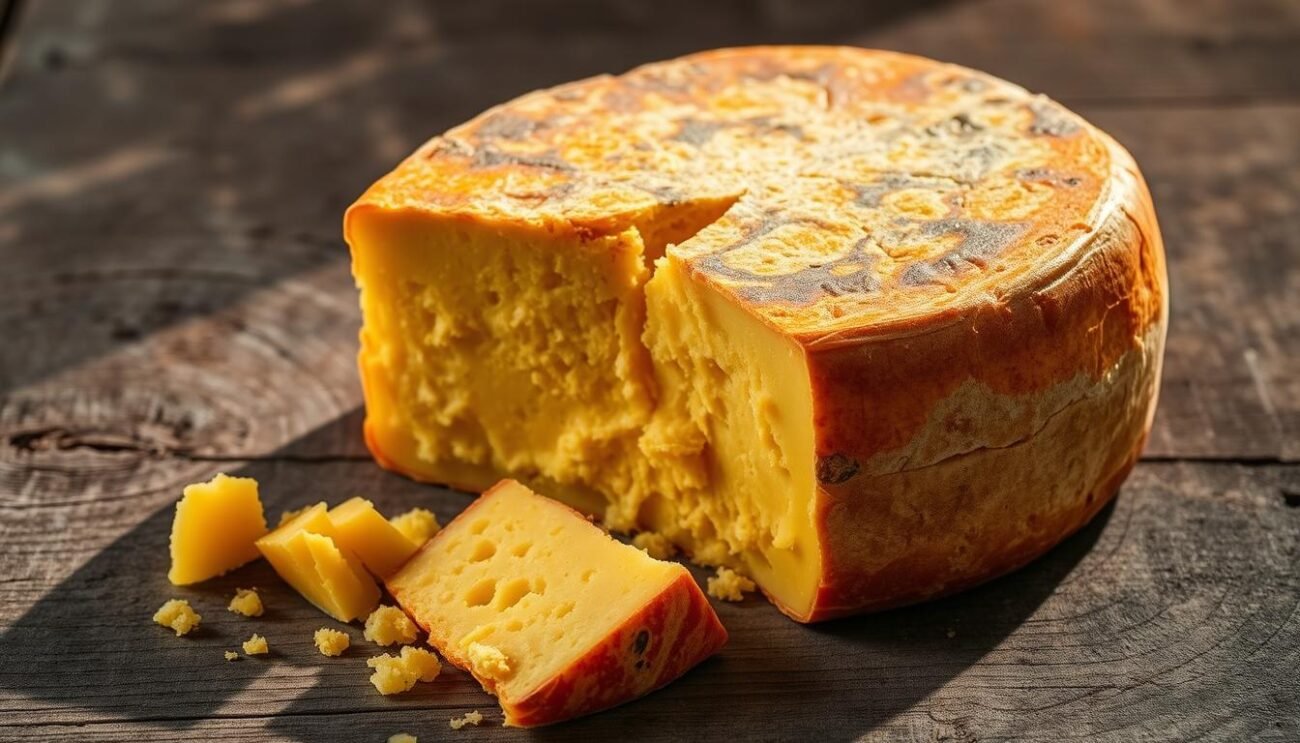 A rustic, aged wedge of Bastardo del Grappa cheese, its rind mottled with shades of amber and ochre, rests upon a weathered wooden surface. The interior reveals a dense, crumbly texture with a vibrant yellow hue. Slivers of the pungent, slightly spicy cheese are scattered nearby, hinting at its bold, complex flavor profile. The lighting casts dramatic shadows, accentuating the cheese's artisanal character and the history embedded in its unique provenance from the Grappa mountain region of Veneto, Italy.