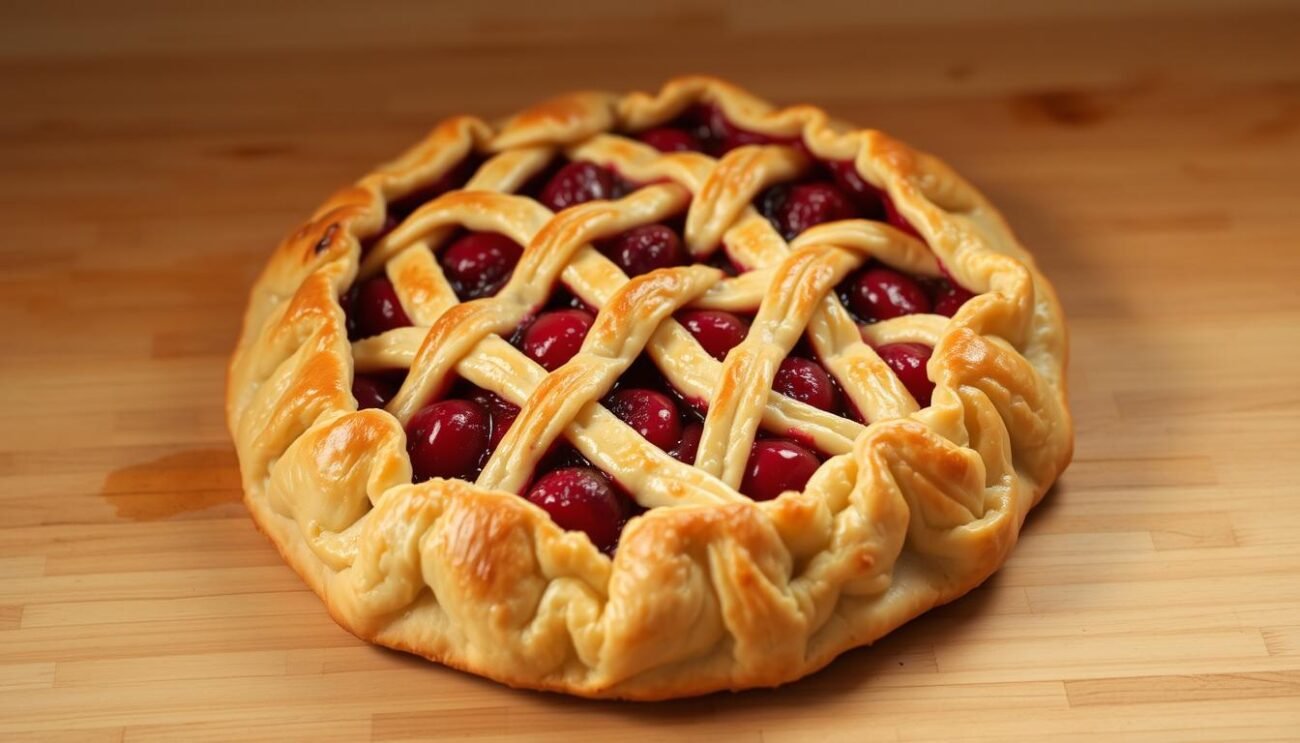 A rustic and golden-crusted crostata, its deep-red fruit filling gleaming with a natural sweetness, rests on a wooden surface. The buttery, flaky pastry dough, crafted without added sugar, is delicately shaped and adorned with a lattice top that casts soft shadows. Warm, diffused lighting highlights the intricate textures, while a neutral background allows the baked treat to take center stage. This healthier take on the classic Italian dessert conveys a sense of homemade simplicity and culinary expertise.
