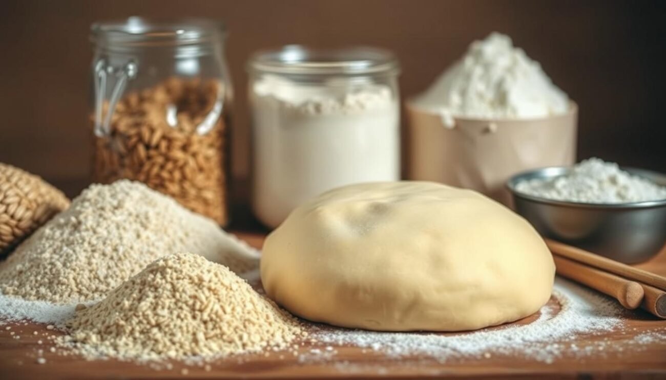 A rustic arrangement of various alternative flours suitable for a healthy, sugar-free pasta frolla dough. In the foreground, a selection of whole grain flours such as spelt, buckwheat, and almond meal, arranged with a delicate play of light and shadow. In the middle ground, a smooth, unbaked pasta frolla dough takes center stage, its texture and color hinting at the potential for a nutritious and flavorful pastry. The background features a warm, earthy tone, evoking the natural goodness of these alternative ingredients. The overall mood is one of simplicity, health, and culinary exploration.