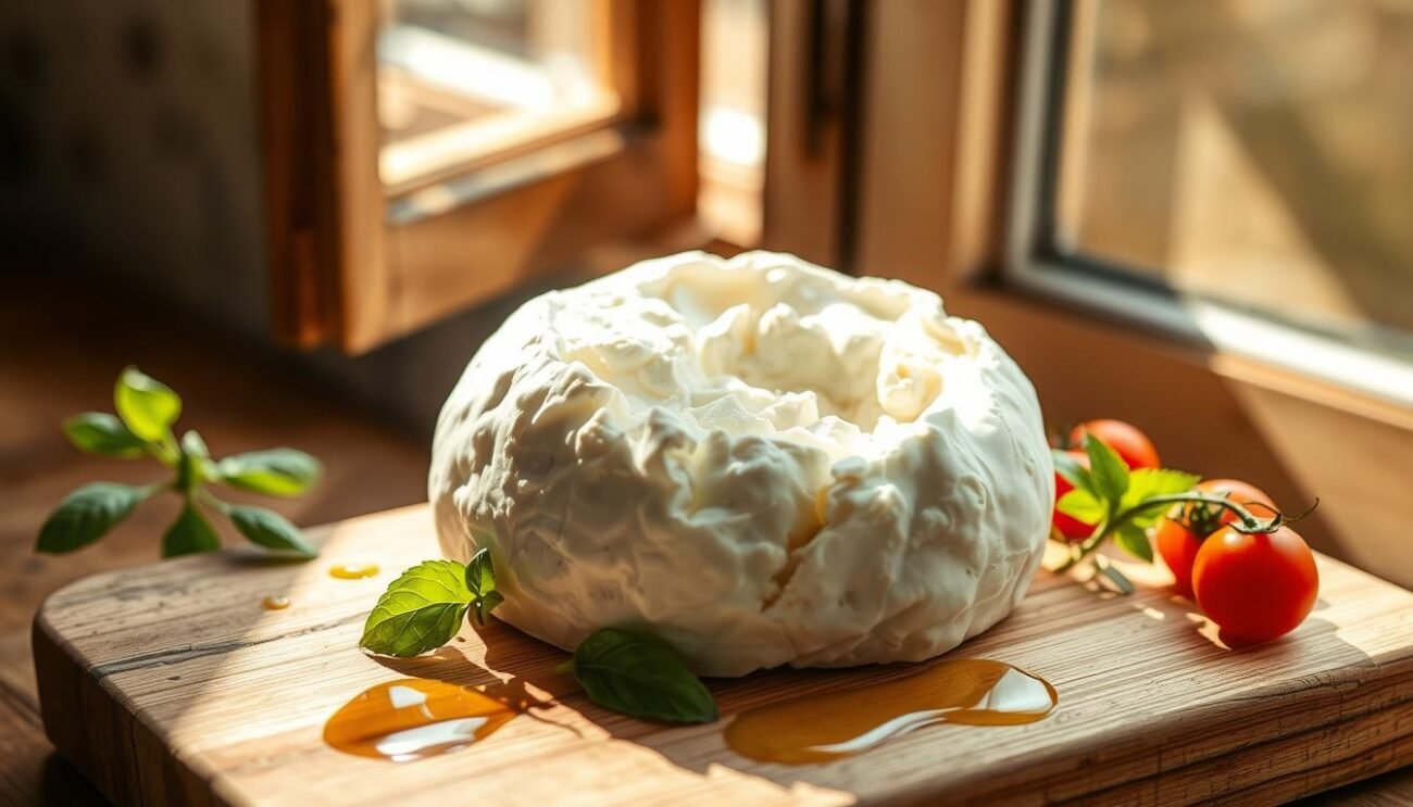 A rustic, artisanal Burrata di Andria IGP cheese, its creamy white exterior gently peeling away to reveal the rich, soft interior. Mellow sunlight filters through an open window, casting a warm glow over the plump, pillowy curds. The cheese rests on a simple wooden board, accompanied by a scattering of fresh basil leaves, a drizzle of golden olive oil, and perhaps a few juicy cherry tomatoes. The scene evokes the traditional craftsmanship and regional pride behind this celebrated Puglian delicacy. Elegant, yet unpretentious, capturing the essence of "Storia e Origini della Burrata Andriese".