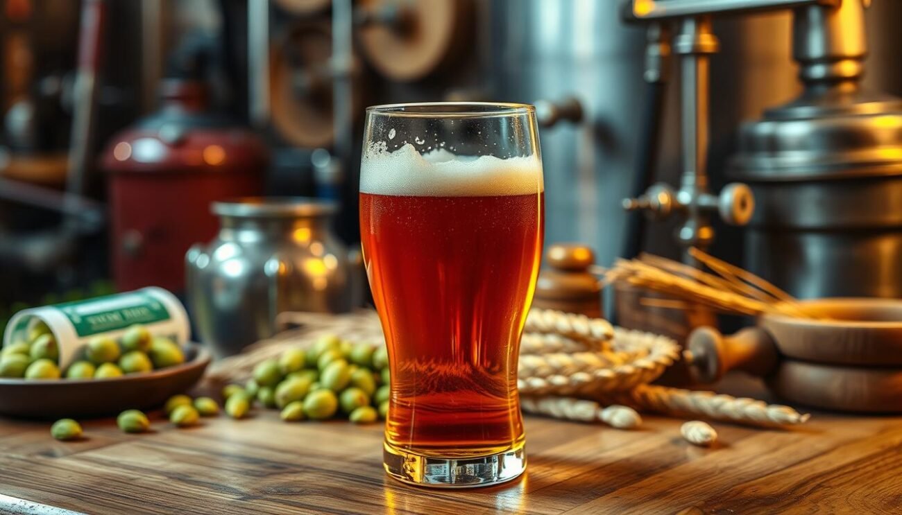 A rustic, artisanal beer glass stands on a wooden table, its amber liquid reflecting the warm, ambient lighting. Delicate foam crowns the surface, hinting at the depth of flavor within. The glass is surrounded by various beer-making accoutrements - hops, barley, and brewing equipment, all showcasing the craftsmanship and attention to detail that goes into creating a premium, quality brew. The scene evokes a cozy, Italian-inspired atmosphere, inviting the viewer to savor the artistry and tradition of this artisanal beverage. A rustic, artisanal beer glass stands on a wooden table, its amber liquid reflecting the warm, ambient lighting. Delicate foam crowns the surface, hinting at the depth of flavor within. The glass is surrounded by various beer-making accoutrements - hops, barley, and brewing equipment, all showcasing the craftsmanship and attention to detail that goes into creating a premium, quality brew. The scene evokes a cozy, Italian-inspired atmosphere, inviting the viewer to savor the artistry and tradition of this artisanal beverage.