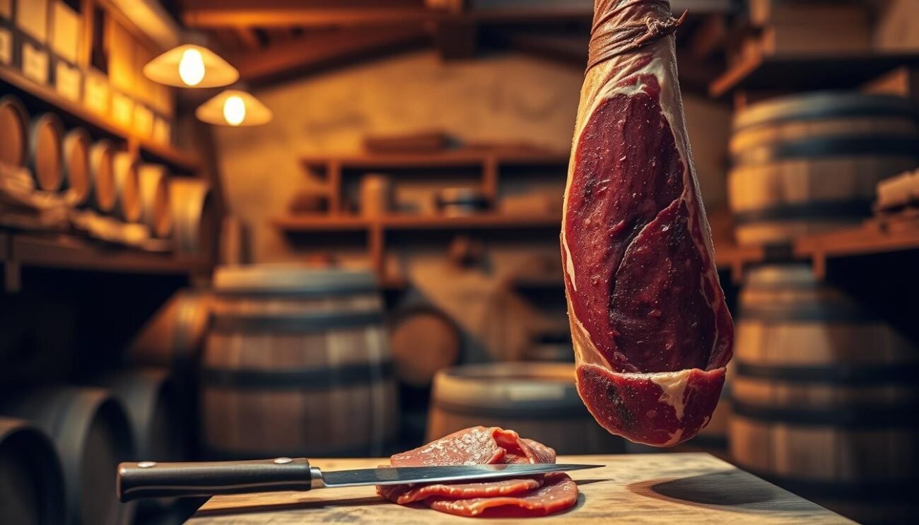 A rustic, artisanal brisaola hanging in a dimly lit cellar, the soft glow of overhead lamps casting a warm amber hue. The cured meat glistens with a deep, mahogany-red color, its texture firm yet supple. In the foreground, a wooden cutting board and a sharp knife, ready to slice the brisaola into delicate, paper-thin slices. In the background, the shadowy outlines of aging barrels and shelves, hinting at the centuries-old tradition of curing meats in the Alpine valleys of Valtellina. The overall atmosphere is one of reverence and pride for this local delicacy, a testament to the region's culinary heritage. A rustic, artisanal brisaola hanging in a dimly lit cellar, the soft glow of overhead lamps casting a warm amber hue. The cured meat glistens with a deep, mahogany-red color, its texture firm yet supple. In the foreground, a wooden cutting board and a sharp knife, ready to slice the brisaola into delicate, paper-thin slices. In the background, the shadowy outlines of aging barrels and shelves, hinting at the centuries-old tradition of curing meats in the Alpine valleys of Valtellina. The overall atmosphere is one of reverence and pride for this local delicacy, a testament to the region's culinary heritage.