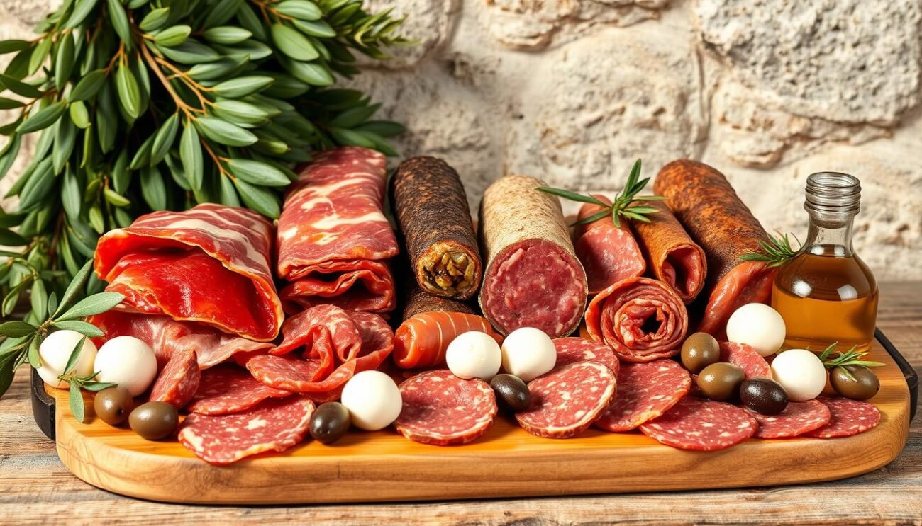 A rustic, artisanal display of traditional Italian salumi: cured meats glistening with rich, savory textures, arranged on a wooden board against a backdrop of verdant olive leaves and a weathered stone wall. Prosciutto di Parma, spicy Calabrian nduja, delicate bresaola, and fragrant fennel-speckled salami take center stage, accompanied by glistening bocconcini, salty olives, and a drizzle of golden olive oil. Warm, soft lighting casts a cozy, authentic ambiance, inviting the viewer to imagine the hearty, regional flavors of this celebrated Italian gastronomic heritage.