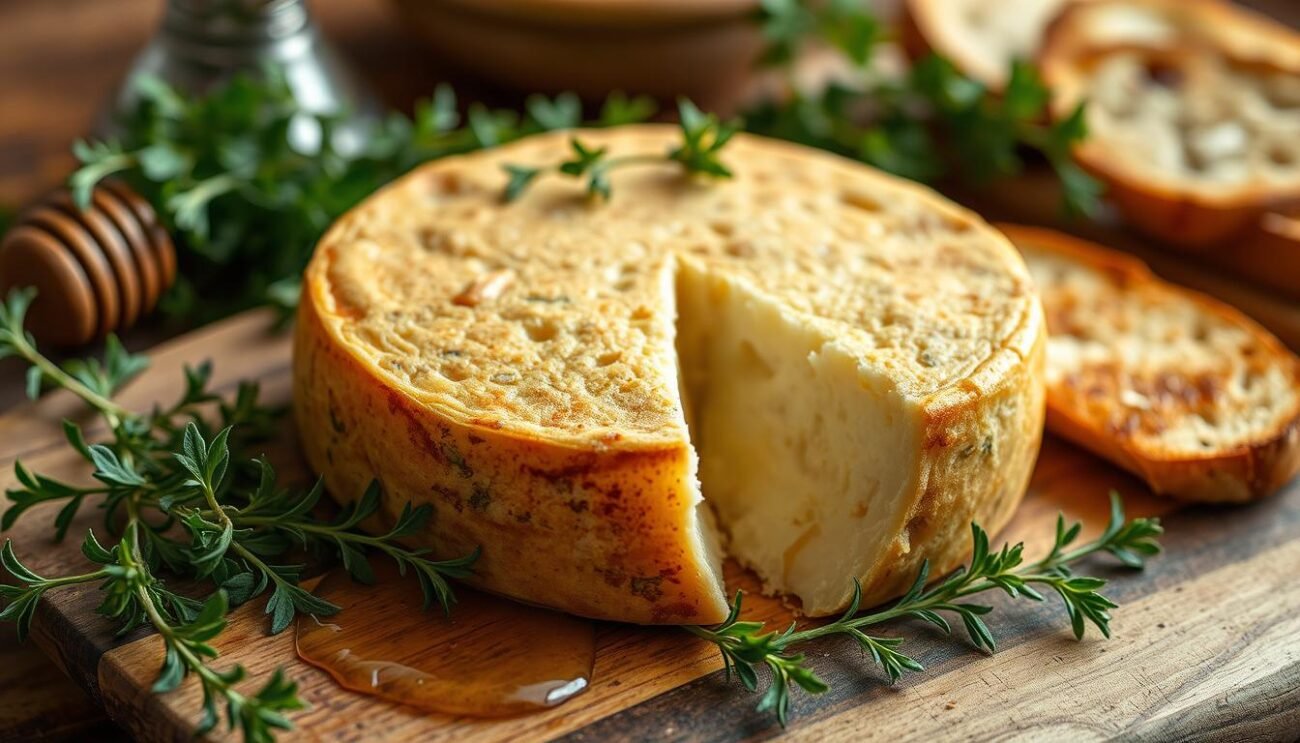 A rustic, artisanal provola cheese from the Nebrodi mountains of Sicily, its golden-brown rind and supple, slightly smoky interior glistening under the warm, soft lighting. The cheese rests atop a wooden board, surrounded by fresh herbs, toasted bread, and a drizzle of local honey, evoking the flavors and aromas of the Sicilian countryside. The scene is captured with a wide-angle lens, emphasizing the depth and texture of the composition, while a shallow depth of field keeps the focus on the star of the dish - the Provola dei Nebrodi DOP. A rustic, artisanal provola cheese from the Nebrodi mountains of Sicily, its golden-brown rind and supple, slightly smoky interior glistening under the warm, soft lighting. The cheese rests atop a wooden board, surrounded by fresh herbs, toasted bread, and a drizzle of local honey, evoking the flavors and aromas of the Sicilian countryside. The scene is captured with a wide-angle lens, emphasizing the depth and texture of the composition, while a shallow depth of field keeps the focus on the star of the dish - the Provola dei Nebrodi DOP.