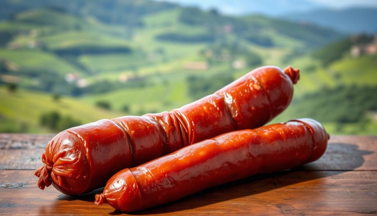 A rustic, artisanal salsiccia di Bra sausage rests on a wooden surface, its rich, deep-red hue glistening under warm, natural lighting. The sausage's coarse texture and irregular shape hint at its handcrafted origins, while the gentle curve of the link suggests the care and expertise of its Piedmontese makers. In the background, a patchwork of lush, verdant hills evokes the verdant landscape of the Bra region, where this traditional delicacy has been produced for generations. The overall scene conveys a sense of authentic, time-honored tradition, highlighting the salsiccia di Bra as a cherished culinary treasure deeply rooted in the history and culture of Piedmont. A rustic, artisanal salsiccia di Bra sausage rests on a wooden surface, its rich, deep-red hue glistening under warm, natural lighting. The sausage's coarse texture and irregular shape hint at its handcrafted origins, while the gentle curve of the link suggests the care and expertise of its Piedmontese makers. In the background, a patchwork of lush, verdant hills evokes the verdant landscape of the Bra region, where this traditional delicacy has been produced for generations. The overall scene conveys a sense of authentic, time-honored tradition, highlighting the salsiccia di Bra as a cherished culinary treasure deeply rooted in the history and culture of Piedmont.