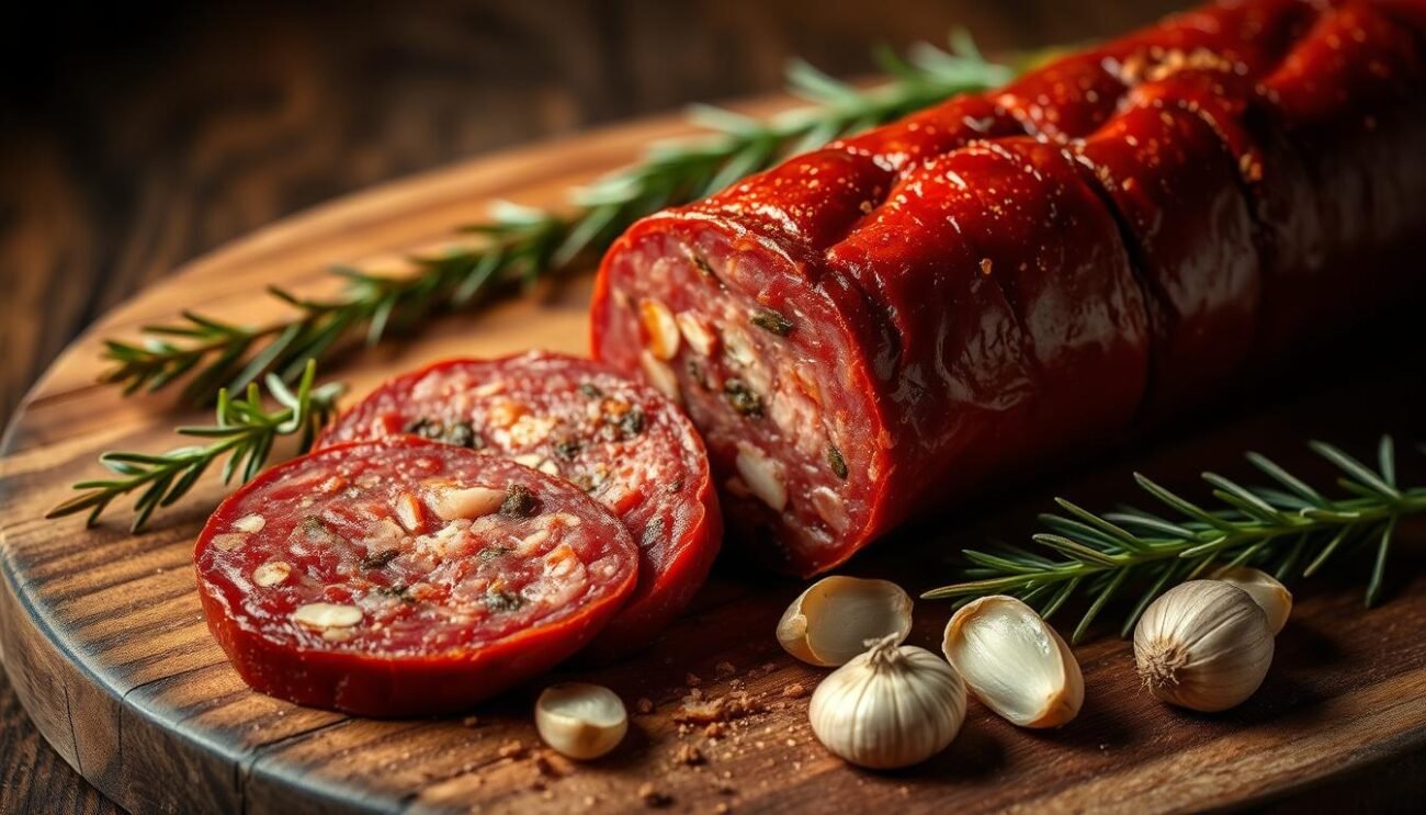 A rustic, artisanal sausage glistening with fat, its deep red hue contrasting against a wooden board. Sliced to reveal the coarse texture and flecks of spices within. Surrounding the sausage, a sprinkling of fennel fronds, garlic cloves, and sprigs of rosemary, evoking the lush Campanian countryside. Warm, earthy lighting casts a soft glow, highlighting the handcrafted qualities of this traditional Salsiccia Rossa di Castelpoto. A genuine taste of the Nero di Castelpoto, the prized black pig of the region.