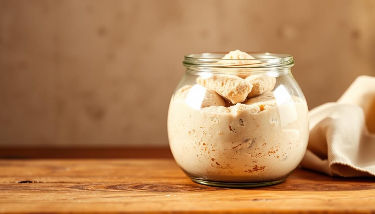 A rustic, artisanal sourdough starter (lievito madre) sitting on a wooden table, its bubbly and active appearance captured in warm, natural lighting. The starter is presented in a simple glass container, allowing its textured, light-brown surface to be clearly visible. The background features a neutral, earthy palette, subtly suggesting the tradition and craftsmanship behind this essential baking ingredient. The overall composition and atmosphere evoke a sense of homemade, handcrafted baking, perfectly aligned with the section title "Preparare e Mantenere il Lievito Madre per Dolci".