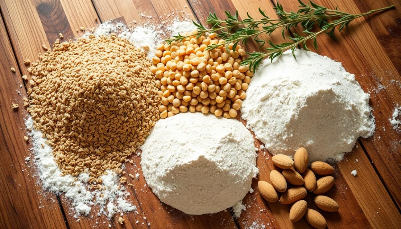 A rustic assortment of traditional Italian flours laid out on a wooden table, bathed in warm, natural light. Whole-grain spelt, nutty chickpea, and finely milled almond flours stand ready to be transformed into delectable sugar-free desserts. The table is adorned with sprigs of fragrant herbs, a testament to the culinary heritage of Italy. The composition exudes a sense of artisanal craftsmanship and wholesome indulgence, inviting the viewer to imagine the mouthwatering possibilities of these alternative ingredients.