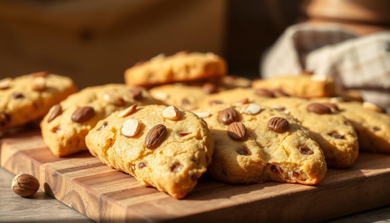A rustic display of homemade "cantucci proteici" (protein-rich biscotti) on a wooden board. The biscuits are golden-brown, adorned with whole toasted almonds and hazelnuts, exuding a warm, inviting aroma. Soft natural lighting casts gentle shadows, highlighting the delicate texture and crunch of the pastries. In the background, a simple, earthy backdrop suggests an authentic Tuscan kitchen setting. The overall scene conveys a sense of wholesome, artisanal craftsmanship, perfectly complementing the "Procedimento Passo per Passo" section of the article.
