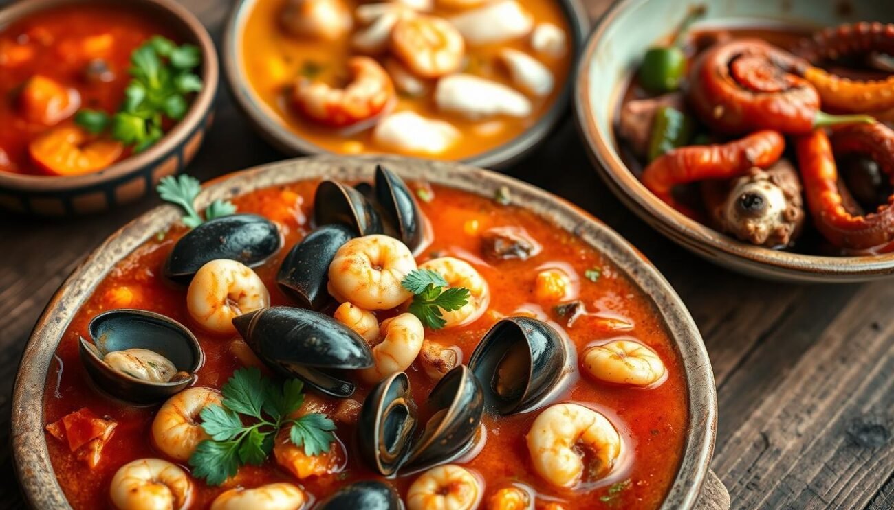 A rustic, earthy spread of various Brodetto all'Abruzzese dishes, showcasing the regional diversity of this traditional Italian seafood stew. In the foreground, a rich tomato-based Brodetto with plump mussels, clams, and shrimp, garnished with fresh parsley. In the middle ground, a lighter, broth-based variant flecked with delicate white fish and aromatic herbs. The background features a bowl of spicy Brodetto with robust octopus and vibrant peppers, evoking the bold flavors of the Abruzzo coastline. The scene is captured with warm, natural lighting, evoking the casual, convivial atmosphere of an Italian trattoria. Soft, uneven textures and muted colors lend an authentic, homespun quality to the image. A rustic, earthy spread of various Brodetto all'Abruzzese dishes, showcasing the regional diversity of this traditional Italian seafood stew. In the foreground, a rich tomato-based Brodetto with plump mussels, clams, and shrimp, garnished with fresh parsley. In the middle ground, a lighter, broth-based variant flecked with delicate white fish and aromatic herbs. The background features a bowl of spicy Brodetto with robust octopus and vibrant peppers, evoking the bold flavors of the Abruzzo coastline. The scene is captured with warm, natural lighting, evoking the casual, convivial atmosphere of an Italian trattoria. Soft, uneven textures and muted colors lend an authentic, homespun quality to the image.