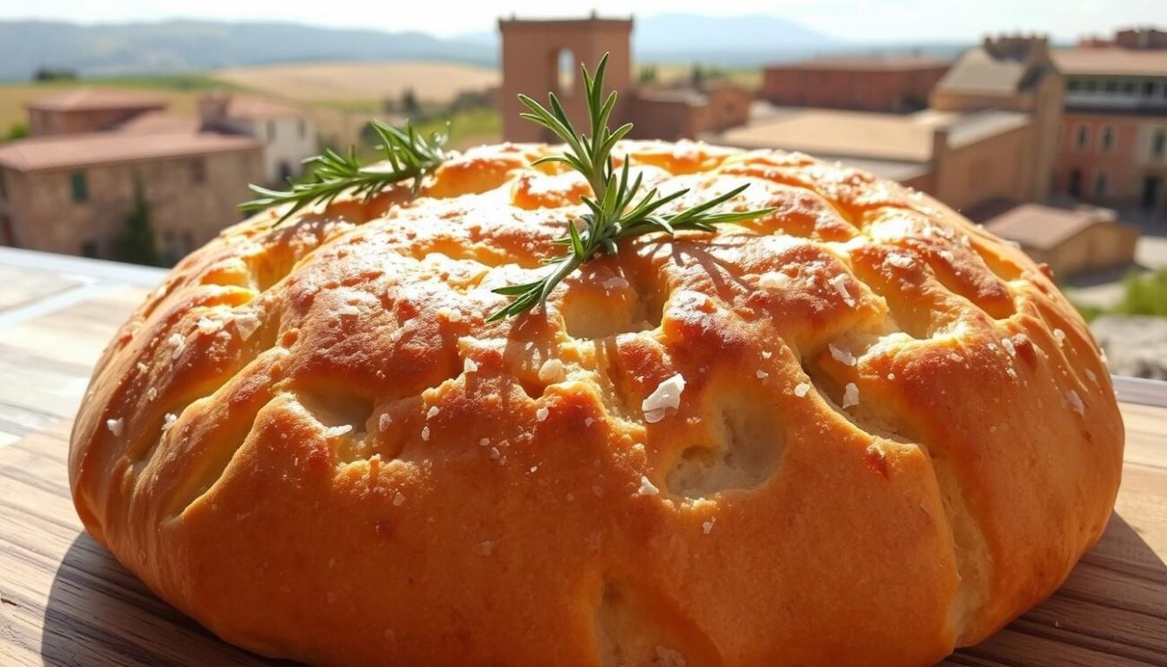 A rustic, golden-brown focaccia romana, freshly baked and glistening with olive oil. Its surface adorned with dimpled pockets, vibrant rosemary sprigs, and a scattering of coarse sea salt. The aroma of yeast, herbs, and warm bread fills the air, evoking the sights and smells of an authentic Italian bakery. The focaccia rests on a wooden board, its soft, pillowy texture contrasting with the crisp, crunchy edges. In the background, a sun-drenched Italian landscape unfolds, with rolling hills and ancient stone buildings. The overall scene conveys a sense of tradition, craftsmanship, and the evolution of Italian bread-making from its ancient Greco-Roman roots. A rustic, golden-brown focaccia romana, freshly baked and glistening with olive oil. Its surface adorned with dimpled pockets, vibrant rosemary sprigs, and a scattering of coarse sea salt. The aroma of yeast, herbs, and warm bread fills the air, evoking the sights and smells of an authentic Italian bakery. The focaccia rests on a wooden board, its soft, pillowy texture contrasting with the crisp, crunchy edges. In the background, a sun-drenched Italian landscape unfolds, with rolling hills and ancient stone buildings. The overall scene conveys a sense of tradition, craftsmanship, and the evolution of Italian bread-making from its ancient Greco-Roman roots.