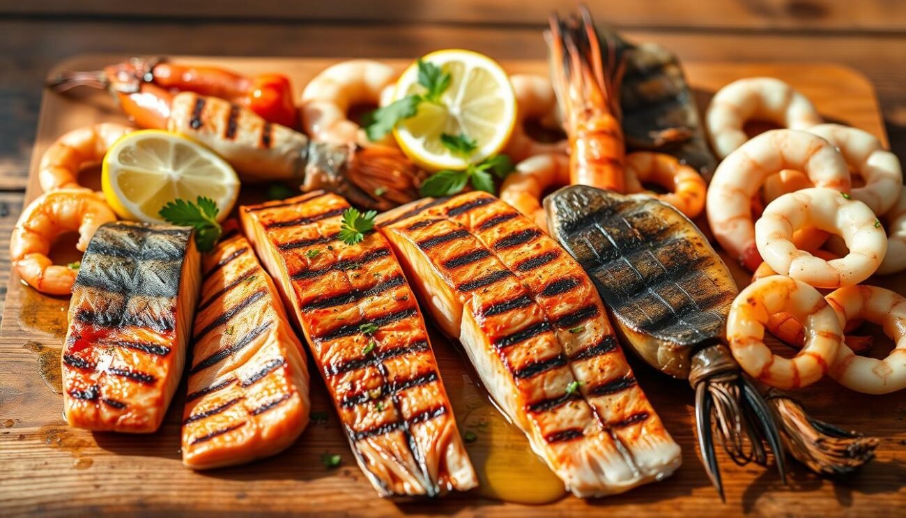 A rustic griglia pesce (grilled fish) arrangement on a wooden surface, featuring a variety of fresh seafood such as salmon fillets, shrimp, and calamari rings. The fish is evenly charred, with grill marks visible, creating a mouthwatering display. Lemon wedges, fresh herbs, and a drizzle of olive oil add vibrant pops of color and accentuate the natural flavors. The scene is illuminated by soft, natural lighting, casting warm shadows and highlighting the textural details of the grilled items. The overall composition is well-balanced, inviting the viewer to imagine the savory aroma and satisfying taste of this traditional Italian seafood dish. A rustic griglia pesce (grilled fish) arrangement on a wooden surface, featuring a variety of fresh seafood such as salmon fillets, shrimp, and calamari rings. The fish is evenly charred, with grill marks visible, creating a mouthwatering display. Lemon wedges, fresh herbs, and a drizzle of olive oil add vibrant pops of color and accentuate the natural flavors. The scene is illuminated by soft, natural lighting, casting warm shadows and highlighting the textural details of the grilled items. The overall composition is well-balanced, inviting the viewer to imagine the savory aroma and satisfying taste of this traditional Italian seafood dish.