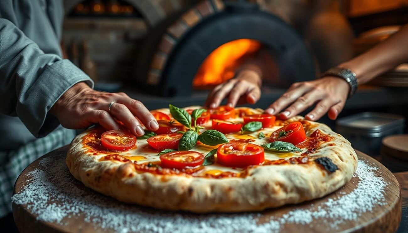A rustic, hand-crafted pizza with a crisp, golden crust, topped with fresh, vibrant tomatoes, fragrant basil leaves, and a drizzle of rich, olive oil. The scene is set in a cozy, traditional Italian kitchen, where an elderly chef, with weathered hands, carefully shapes the dough, embodying generations of culinary wisdom. Soft, warm lighting illuminates the scene, creating a sense of timeless, artisanal craftsmanship. In the background, a large, wood-fired oven stands as a testament to the ancient origins of this beloved dish, hinting at the rich cultural heritage and stories that have shaped the evolution of the iconic pizza. A rustic, hand-crafted pizza with a crisp, golden crust, topped with fresh, vibrant tomatoes, fragrant basil leaves, and a drizzle of rich, olive oil. The scene is set in a cozy, traditional Italian kitchen, where an elderly chef, with weathered hands, carefully shapes the dough, embodying generations of culinary wisdom. Soft, warm lighting illuminates the scene, creating a sense of timeless, artisanal craftsmanship. In the background, a large, wood-fired oven stands as a testament to the ancient origins of this beloved dish, hinting at the rich cultural heritage and stories that have shaped the evolution of the iconic pizza.