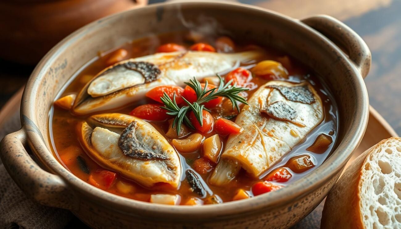 A rustic, handcrafted ceramic bowl filled with a savory, simmering stew of fresh ricciola (amberjack) fish. The fillets are gently simmered in a fragrant blend of olive oil, garlic, onions, tomatoes, and aromatic herbs like rosemary and thyme. The rich, umami-packed broth clings to the tender, flaky fish as wisps of steam rise, hinting at the comforting, homestyle flavors within. Soft, crusty bread waits alongside, ready to soak up every last drop. The scene is illuminated by warm, natural lighting, conveying the welcoming, traditional essence of this classic Puglian seafood dish.