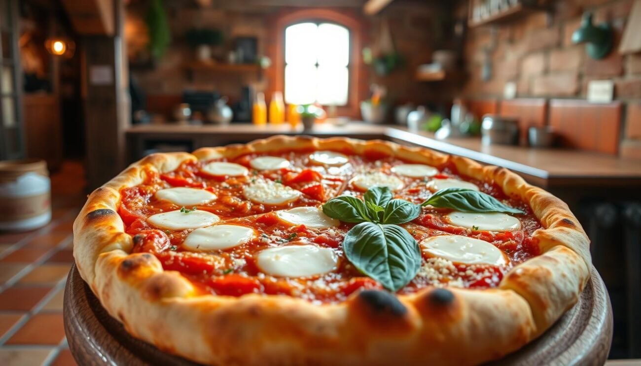 A rustic, handcrafted pizza with a golden, bubbly crust, topped with vibrant tomato sauce, creamy mozzarella, and a drizzle of fragrant olive oil. Garnished with fresh basil leaves and a sprinkle of Parmesan, the pizza is set against a backdrop of an old-world Italian kitchen, with terracotta tiles, weathered wooden beams, and a cozy, inviting atmosphere. The lighting is warm and natural, casting a soft glow over the scene, evoking the rich cultural traditions and regional variations of the beloved Italian pizza. A rustic, handcrafted pizza with a golden, bubbly crust, topped with vibrant tomato sauce, creamy mozzarella, and a drizzle of fragrant olive oil. Garnished with fresh basil leaves and a sprinkle of Parmesan, the pizza is set against a backdrop of an old-world Italian kitchen, with terracotta tiles, weathered wooden beams, and a cozy, inviting atmosphere. The lighting is warm and natural, casting a soft glow over the scene, evoking the rich cultural traditions and regional variations of the beloved Italian pizza.