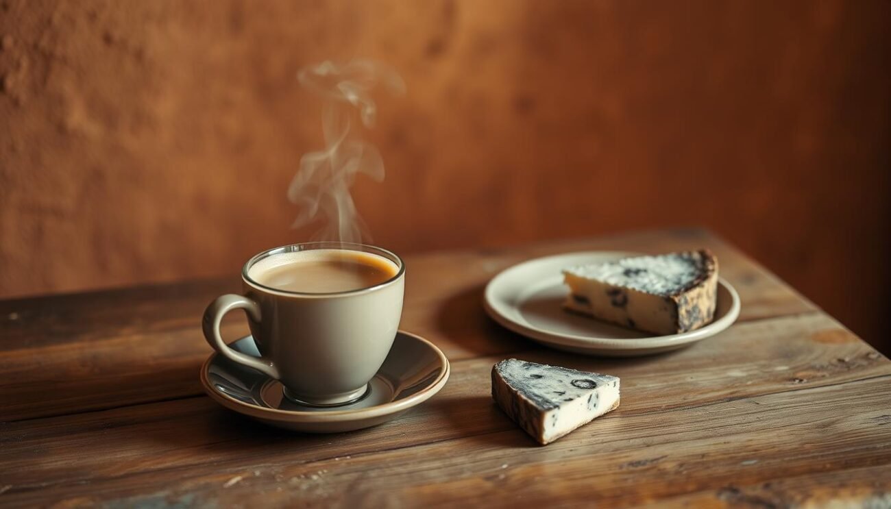 A rustic, handcrafted wooden table set against a warm, earthy backdrop. On the table, a steaming cup of freshly brewed latte crudo, its rich, creamy foam swirling gently. The cup is placed alongside a simple, unadorned ceramic plate, perhaps holding a slice of aged, smoky cheese from the Veneto region. The lighting is soft and natural, casting a gentle glow over the scene, emphasizing the artisanal, homemade quality of the setting. The overall mood is one of simple, authentic pleasure, reflecting the character and heritage of the Morlacco del Grappa PAT cheese.