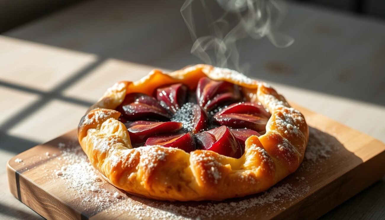 A rustic, homemade crostata sitting on a wooden board, its golden-brown crust glistening with a dusting of flour. The filling is a vibrant, jewel-toned fruit preserve, perhaps plum or fig, without a trace of added sugar. Wisps of steam rise from the still-warm pastry, hinting at the wholesome flavors within. The scene is bathed in soft, natural lighting, casting gentle shadows and highlighting the organic textures of the ingredients. A simple, yet elegant dessert that celebrates the pure sweetness of seasonal, Italian produce.