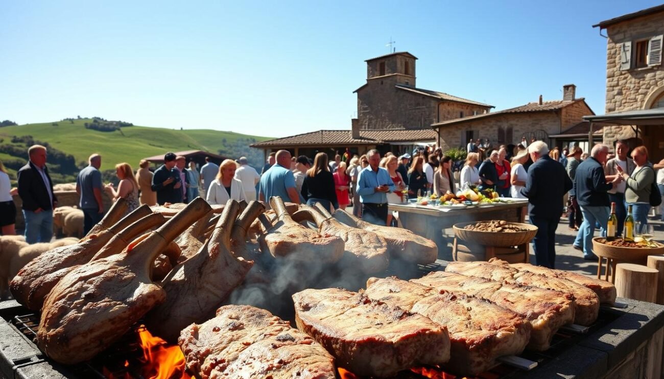A rustic outdoor scene of a traditional Italian sheep meat festival, or "sagra carne ovina tradizione italiana". In the foreground, large cuts of freshly grilled lamb sizzle over an open fire, their savory aroma filling the air. In the middle ground, a lively crowd of locals and visitors mingle, sampling various sheep and goat dishes and sipping local wines. The background features rolling green hills, ancient stone buildings, and a clear blue sky, creating a warm, pastoral atmosphere. The lighting is natural and soft, capturing the tranquil mood of the event. This image perfectly illustrates the rich culinary heritage and communal spirit of an Italian sheep meat festival.