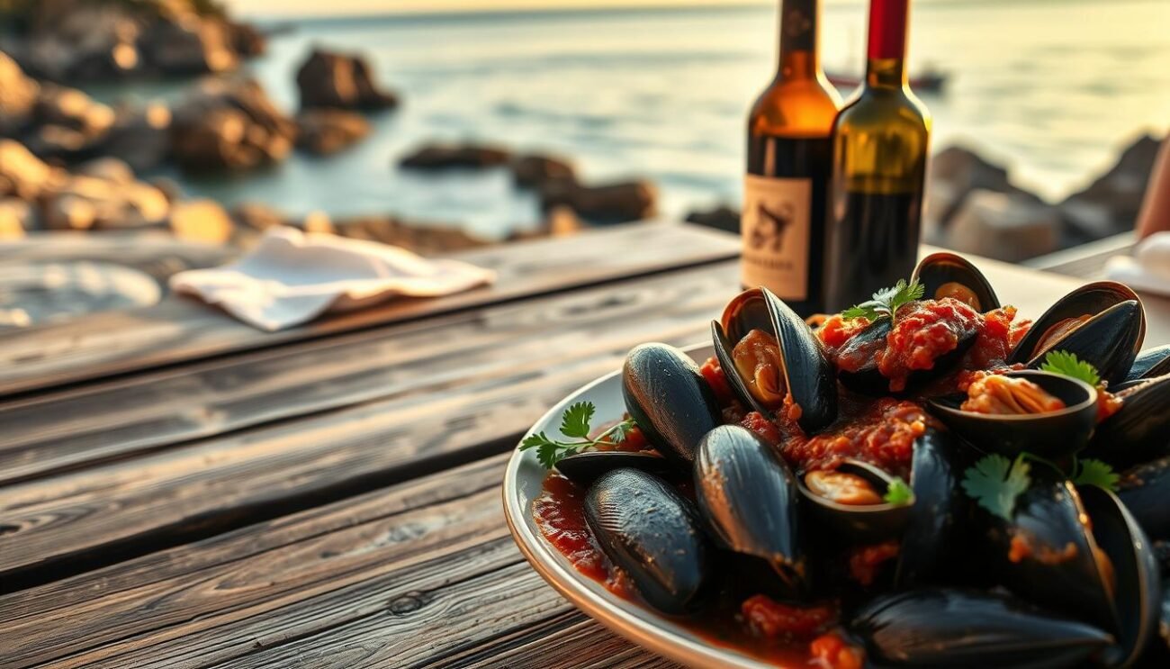 A rustic, seaside Italian scene of Cozze alla Marinara. In the foreground, a plate of plump, glistening mussels in a rich, tomato-based sauce, garnished with fresh parsley. In the middle ground, a weathered wooden table, set with a crisp white tablecloth and a bottle of robust red wine. The background features a panoramic view of the Adriatic Sea, with rocky cliffs and a small fishing boat in the distance. Warm, golden lighting casts a cozy, inviting atmosphere, evoking the flavors and ambiance of a traditional trattoria in Friuli, Italy.