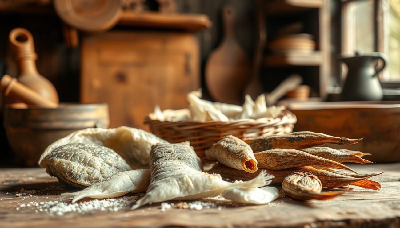 A rustic still life capturing the essence of traditional Italian cuisine. In the foreground, two iconic ingredients - salted dried cod (baccalà) and dried salt cod (stoccafisso) - are arranged with care, their weathered textures evoking the passage of time. In the middle ground, a backdrop of aged wooden surfaces and simple kitchen tools suggests a timeless culinary heritage. The scene is bathed in warm, golden light, evoking the comfort and familiarity of the home kitchen. An atmosphere of history and authenticity pervades the frame, transporting the viewer to the origins of these celebrated Italian specialties. A rustic still life capturing the essence of traditional Italian cuisine. In the foreground, two iconic ingredients - salted dried cod (baccalà) and dried salt cod (stoccafisso) - are arranged with care, their weathered textures evoking the passage of time. In the middle ground, a backdrop of aged wooden surfaces and simple kitchen tools suggests a timeless culinary heritage. The scene is bathed in warm, golden light, evoking the comfort and familiarity of the home kitchen. An atmosphere of history and authenticity pervades the frame, transporting the viewer to the origins of these celebrated Italian specialties.