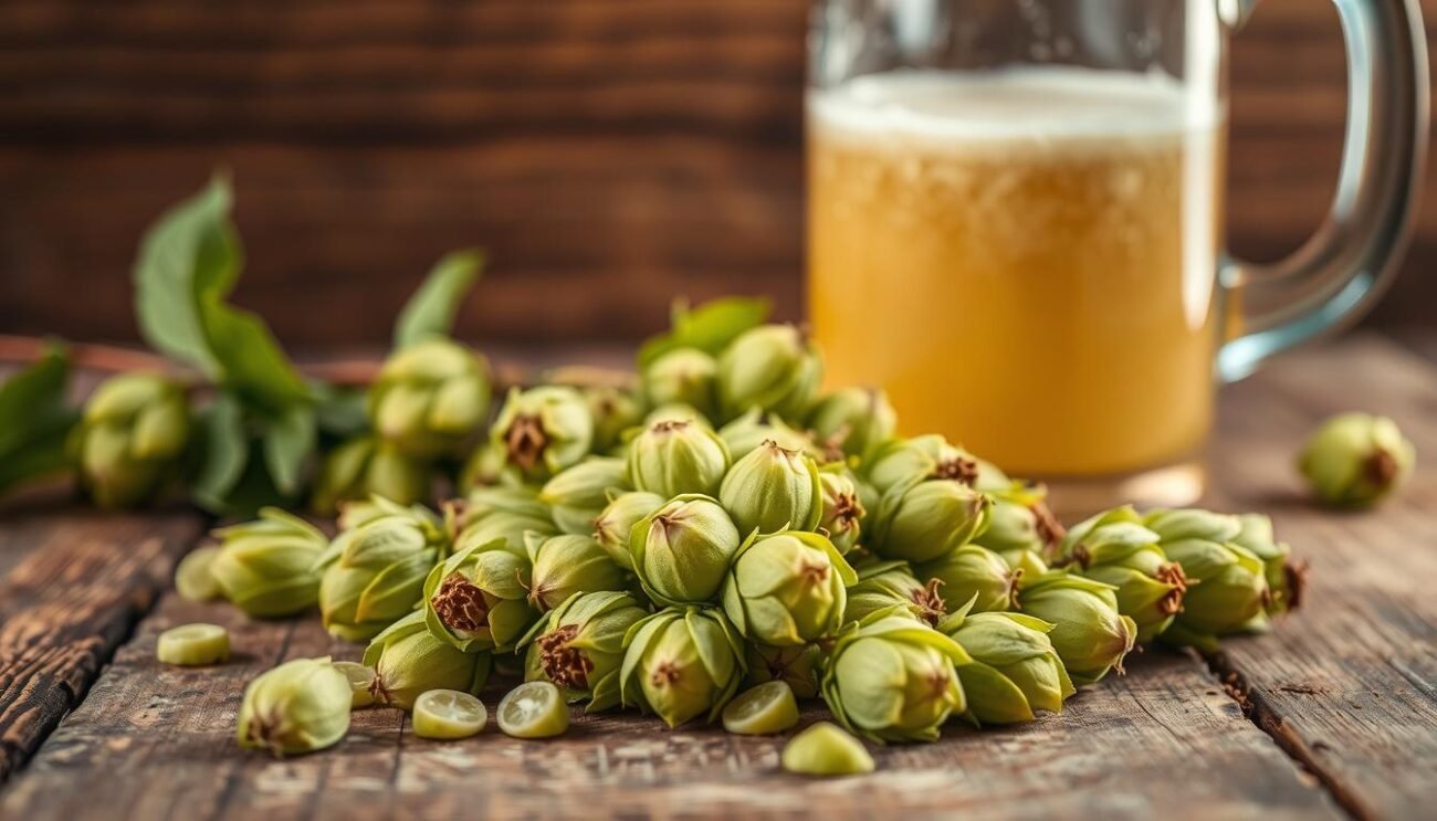 A rustic still life capturing the essential ingredients for crafting fine beer: hops and yeast. In the foreground, lush green hop cones spill across a weathered wooden surface, their resinous aroma permeating the air. Behind them, a glass vessel filled with a bubbly yeast mixture, symbolizing the vital fermentation process. Soft, natural lighting casts a warm glow, evoking the artisanal tradition of beermaking. The composition is balanced, with a sense of depth and texture that celebrates the raw materials and their transformative power. This image embodies the quality and care that go into producing exceptional beer, a fitting illustration for the "Ingredients and Their Impact on Quality" section of the article. A rustic still life capturing the essential ingredients for crafting fine beer: hops and yeast. In the foreground, lush green hop cones spill across a weathered wooden surface, their resinous aroma permeating the air. Behind them, a glass vessel filled with a bubbly yeast mixture, symbolizing the vital fermentation process. Soft, natural lighting casts a warm glow, evoking the artisanal tradition of beermaking. The composition is balanced, with a sense of depth and texture that celebrates the raw materials and their transformative power. This image embodies the quality and care that go into producing exceptional beer, a fitting illustration for the "Ingredients and Their Impact on Quality" section of the article.