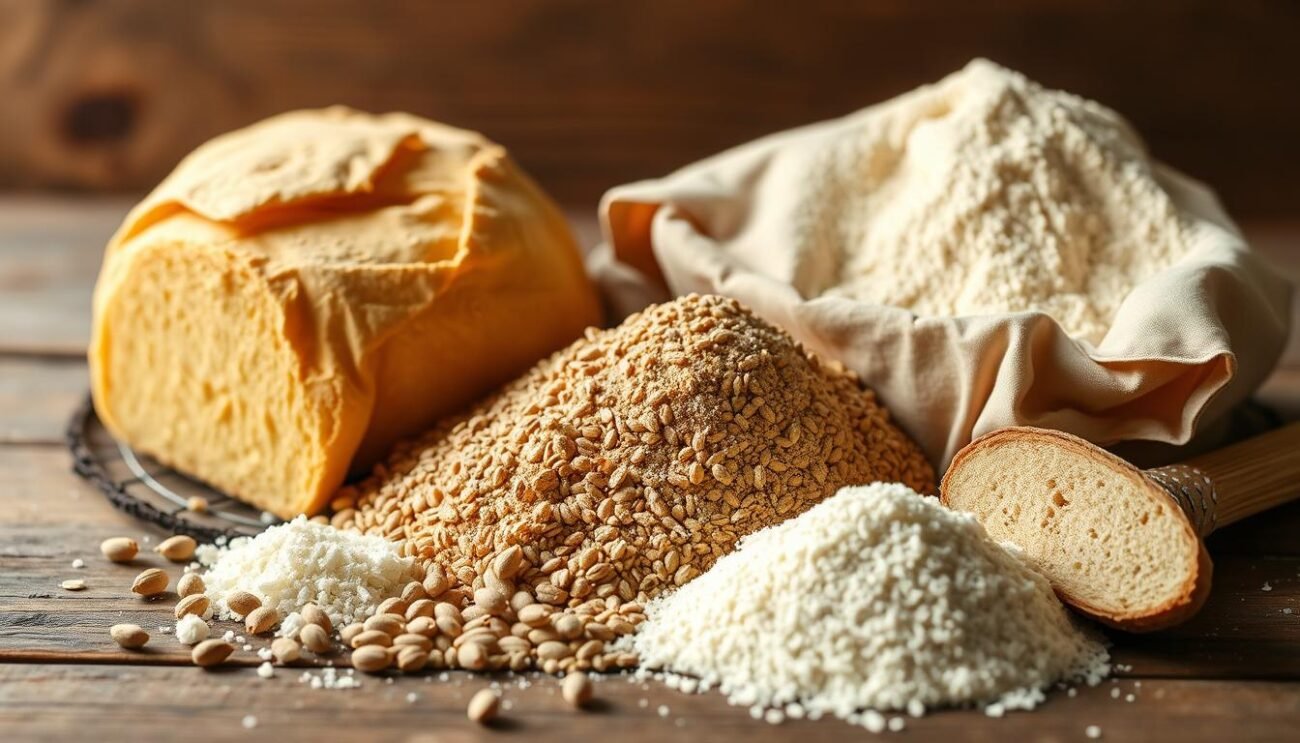 A rustic still life showcasing a selection of farine alternative, including golden-hued castagne, earthy ceci, and the distinctive lupini. Soft natural lighting illuminates the textured surfaces, highlighting the unique properties of each ingredient. The arrangement is positioned on a simple wooden surface, evoking a cozy, homemade atmosphere. The overall composition conveys the nutritional benefits and versatility of these alternative flours, suitable for creating nourishing, sugar-free baked goods. A rustic still life showcasing a selection of farine alternative, including golden-hued castagne, earthy ceci, and the distinctive lupini. Soft natural lighting illuminates the textured surfaces, highlighting the unique properties of each ingredient. The arrangement is positioned on a simple wooden surface, evoking a cozy, homemade atmosphere. The overall composition conveys the nutritional benefits and versatility of these alternative flours, suitable for creating nourishing, sugar-free baked goods.