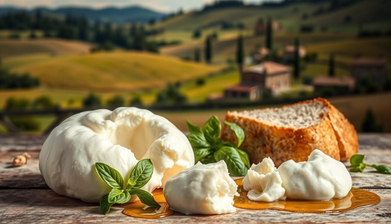 A rustic still life showcasing the artisanal craft of Mozzarella di Bufala Campana DOP. In the foreground, a freshly pulled mozzarella ball glistens with creamy, milky goodness, its soft texture inviting the viewer to reach out and tear it apart. Surrounding it, a scattering of fresh basil leaves and a drizzle of golden olive oil, hinting at the simple yet flavorful preparation. In the middle ground, a wedge of crusty artisanal bread stands ready to soak up the rich, milky juices. The background features a bucolic Italian countryside, rolling hills dotted with cypress trees and ancient stone farmhouses, capturing the essence of the Piana del Sele region where this revered cheese is produced. Soft, natural lighting illuminates the scene, evoking a sense of traditional craftsmanship and the bountiful gifts of the Italian landscape.