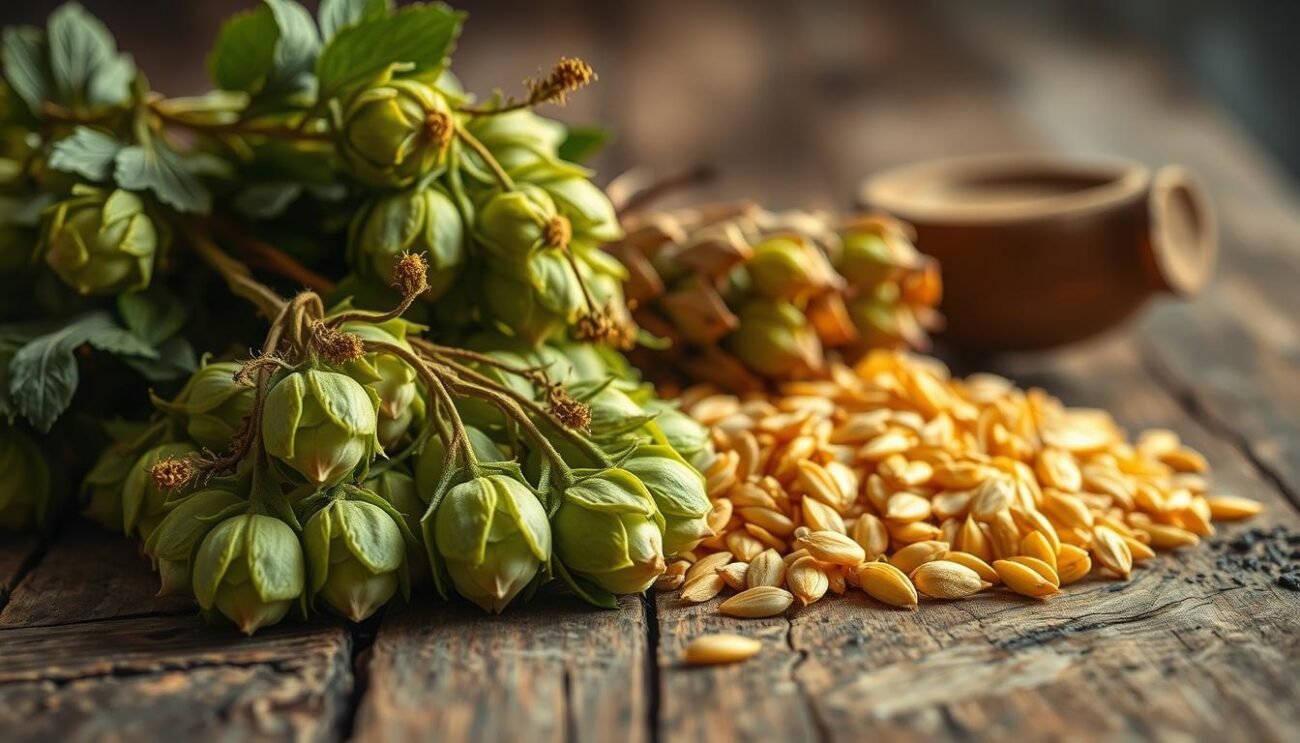 A rustic still life showcasing the essential ingredients for crafting a delectable beer. In the foreground, an assortment of freshly harvested hops, their vibrant green cones and delicate tendrils emanating a earthy, herbal aroma. Beside them, golden-hued malt grains, their surfaces reflecting the warm studio lighting, hinting at the complex flavors they will lend to the brew. In the middle ground, a weathered wooden surface provides a natural backdrop, while in the background, a hazy, atmospheric setting evokes the artisanal tradition of beer making. Elegant, yet approachable, this image captures the heart of what goes into creating a flavorful, satisfying beer.