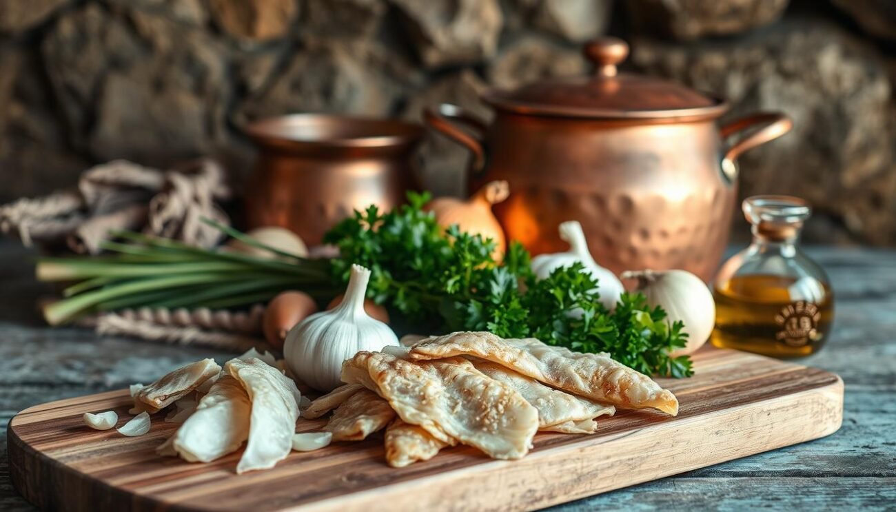 A rustic still life showcasing the key ingredients for the authentic Ligurian dish, Stoccafisso alla Savonese. In the foreground, a wooden board displays dried salt cod, garlic, onions, parsley, and olive oil. The middle ground features a traditional copper pot, symbolic of the coastal cuisine. In the background, earthy tones and textures evoke the rugged Ligurian landscape. Soft, natural lighting illuminates the scene, emphasizing the earthy, handcrafted essence of this regional speciality. Captured with a mid-range lens at a slightly elevated angle, the image conveys a sense of artisanal authenticity and homespun charm.