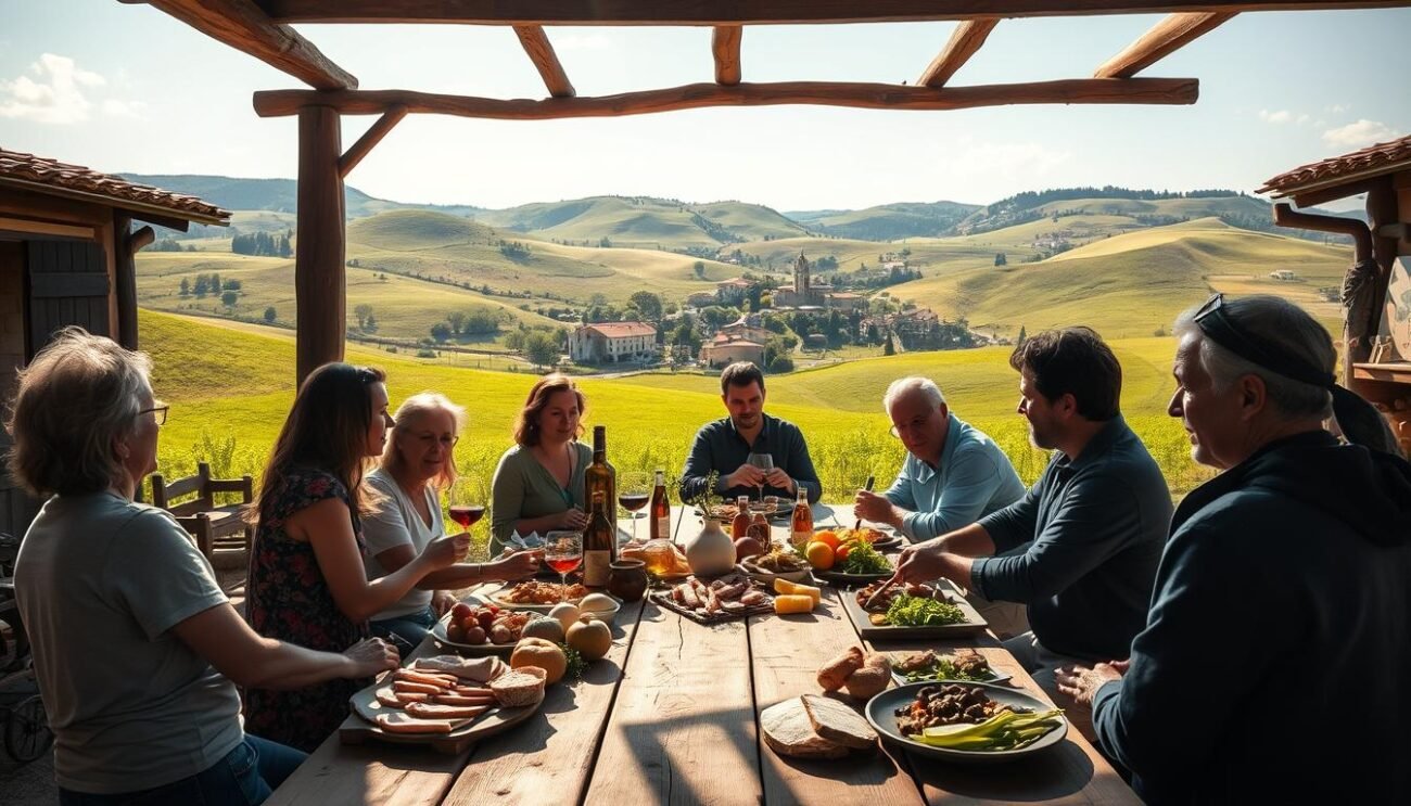 A rustic, sun-dappled scene of a traditional Italian farm, with rolling hills and lush, verdant fields in the background. In the foreground, a group of people gather around a large wooden table, sharing a meal and engaged in lively conversation. The table is laden with an array of fresh, locally-sourced ingredients - platters of cured meats, crusty bread, and vibrant, seasonal produce. The lighting is warm and soft, casting a golden glow over the scene. In the middle ground, a small, charming village can be seen in the distance, its red-tiled roofs and stone buildings nestled among the hills. An overall atmosphere of community, tradition, and a deep appreciation for the natural world pervades the image.