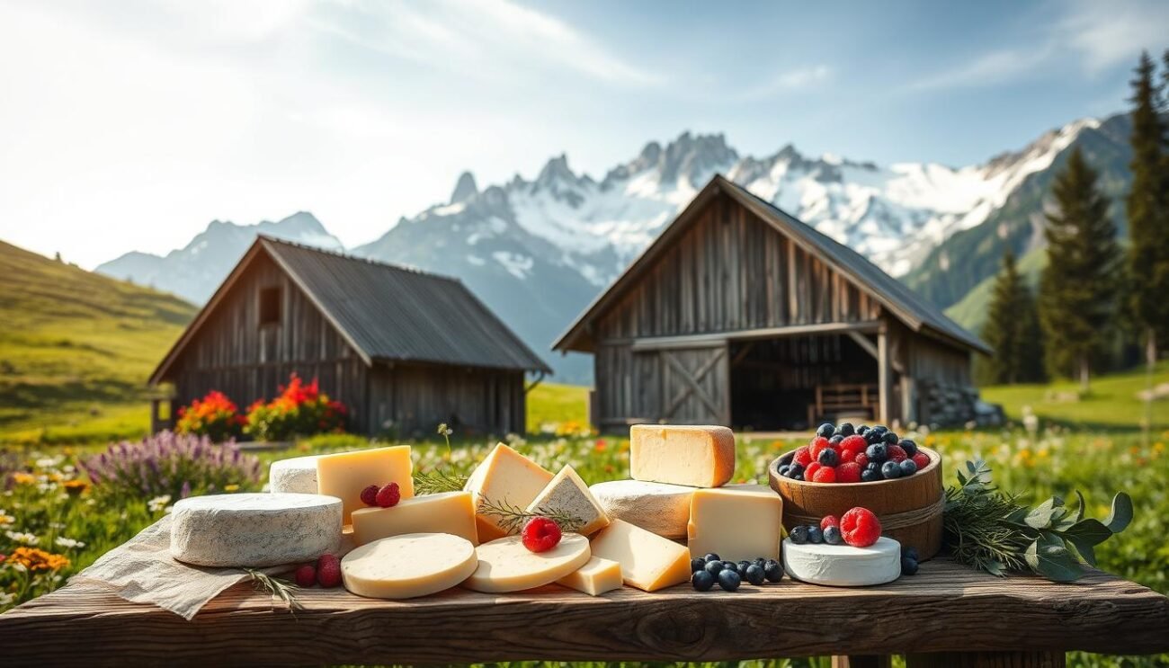 A rustic wooden barn nestled in a lush Alpine meadow, its weathered exterior adorned with vibrant wildflowers. In the foreground, an array of artisanal dairy products - creamy cheeses, rich butter, and fragrant yogurt - arranged on a worn wooden table, surrounded by earthy herbs and fresh berries. Soft, diffused sunlight filters through the windows, casting a warm glow over the scene. In the background, towering snow-capped peaks rise majestically, their jagged silhouettes a testament to the rugged beauty of the Italian Alps. The overall composition evokes a sense of pastoral tranquility and the enduring traditions of high-altitude cheesemaking.