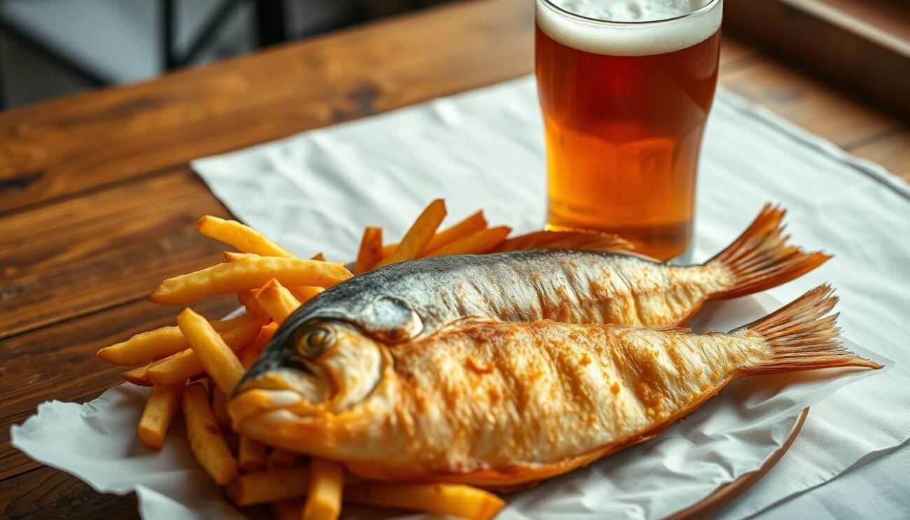 A rustic wooden table, adorned with a crisp white tablecloth, sets the stage for a harmonious pairing of freshly caught fish and a golden, foamy pint of craft beer. The fish, glistening with a delicate batter, rests alongside crisp, golden fries, while the beer's rich, malty notes and subtle hop bitterness complement the flavors of the sea. Soft, natural lighting casts a warm glow, creating an inviting atmosphere that evokes the casual charm of a seaside trattoria. This image captures the essence of the quintessential Italian tradition of "birra e pesce," where the perfect balance of land and sea comes together in a delightful culinary experience.