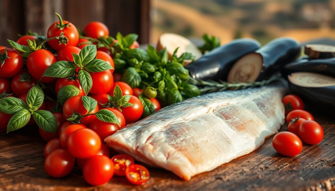 A rustic wooden table, adorned with a vibrant array of Sicilian ingredients. In the foreground, a pristine filet of swordfish, its firm texture and rich hue capturing the essence of the sea. Surrounding it, a cascade of ruby-red tomatoes, their ripe skin glistening under soft, natural lighting. Alongside, vibrant sprigs of fragrant basil, their verdant leaves casting gentle shadows. In the middle ground, thick slices of eggplant, their deep purple hues complementing the other components. In the background, a subtle hint of a Sicilian landscape, with rolling hills and a warm, Mediterranean glow. The overall scene emanates a sense of authenticity and local culinary tradition, setting the stage for a mouthwatering Sicilian swordfish dish.