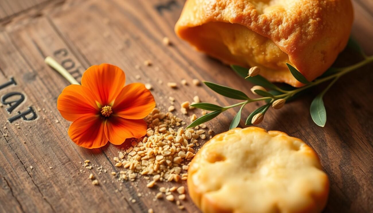 A rustic wooden table, adorned with a vibrant orange flower, fresh grated nutmeg, golden grains of cooked wheat, and a delicate sprig of green leaves. Soft, warm lighting casts a comforting glow, accentuating the natural textures and colors of the traditional Neapolitan Pastiera Leggera ingredients. The arrangement is simple yet elegant, inviting the viewer to imagine the aroma and taste of this classic Italian delicacy. A sense of artisanal craftsmanship and regional heritage permeates the scene, inspired by the cozy kitchens of Naples.