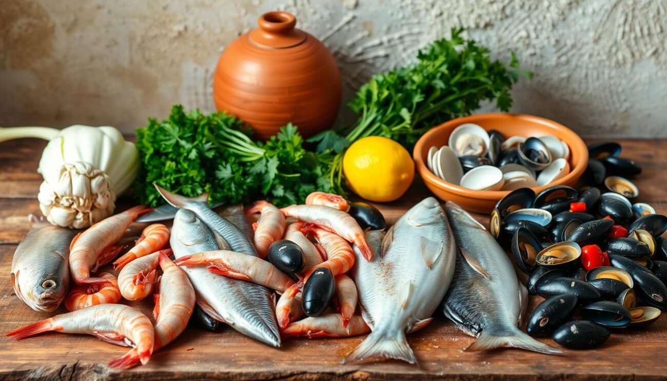 A rustic wooden table, adorned with an array of fresh seafood ingredients for the traditional Brodetto Pescarese dish of Vasto, Abruzzo. In the foreground, various types of whole fish, such as red snapper, sole, and sea bass, rest alongside plump shrimp, mussels, and clams. In the middle ground, a bulb of fennel, a bundle of fresh parsley, and a vibrant lemon sit alongside a terracotta bowl, hinting at the aromatic flavors that will come together in this coastal Italian stew. The background features a neutral, earthy-toned wall, allowing the vibrant colors and textures of the ingredients to take center stage, captured in a soft, natural lighting that evokes the warm, sun-drenched atmosphere of the Adriatic region. A rustic wooden table, adorned with an array of fresh seafood ingredients for the traditional Brodetto Pescarese dish of Vasto, Abruzzo. In the foreground, various types of whole fish, such as red snapper, sole, and sea bass, rest alongside plump shrimp, mussels, and clams. In the middle ground, a bulb of fennel, a bundle of fresh parsley, and a vibrant lemon sit alongside a terracotta bowl, hinting at the aromatic flavors that will come together in this coastal Italian stew. The background features a neutral, earthy-toned wall, allowing the vibrant colors and textures of the ingredients to take center stage, captured in a soft, natural lighting that evokes the warm, sun-drenched atmosphere of the Adriatic region.