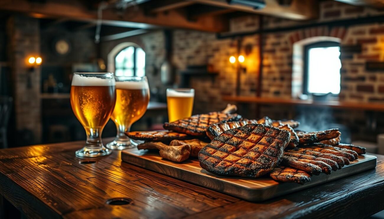 A rustic wooden table, dimly lit by the soft glow of candlelight, is adorned with a hearty spread of succulent grilled meats and a selection of craft beers. The aroma of charred, caramelized edges and the crisp, hoppy notes of the ales mingle together, creating an irresistible atmosphere. In the background, a cozy tavern-like setting with exposed beams and worn brick walls sets the stage for this quintessential pairing of beer and meat. The image captures the essence of the perfect balance between the bold flavors of the carne and the refreshing complexity of the birra, inviting the viewer to savor this timeless culinary harmony.