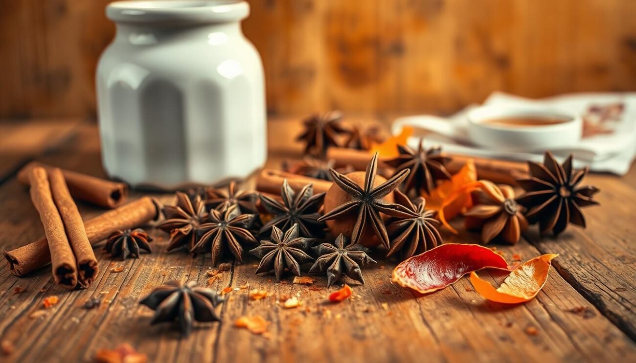A rustic wooden table, its surface adorned with a variety of natural ingredients – fragrant cinnamon sticks, whole cloves, star anise, and dried citrus peels. The warm, inviting lighting casts a golden glow, highlighting the earthy tones and textures of the items. In the background, a simple yet elegant white ceramic jar stands, suggesting the preservation of something delicious. The overall composition evokes a sense of traditional, homemade remedies for keeping baked goods fresh and flavorful, in harmony with the article's focus on natural methods for preserving sweets without sugar. A rustic wooden table, its surface adorned with a variety of natural ingredients – fragrant cinnamon sticks, whole cloves, star anise, and dried citrus peels. The warm, inviting lighting casts a golden glow, highlighting the earthy tones and textures of the items. In the background, a simple yet elegant white ceramic jar stands, suggesting the preservation of something delicious. The overall composition evokes a sense of traditional, homemade remedies for keeping baked goods fresh and flavorful, in harmony with the article's focus on natural methods for preserving sweets without sugar.