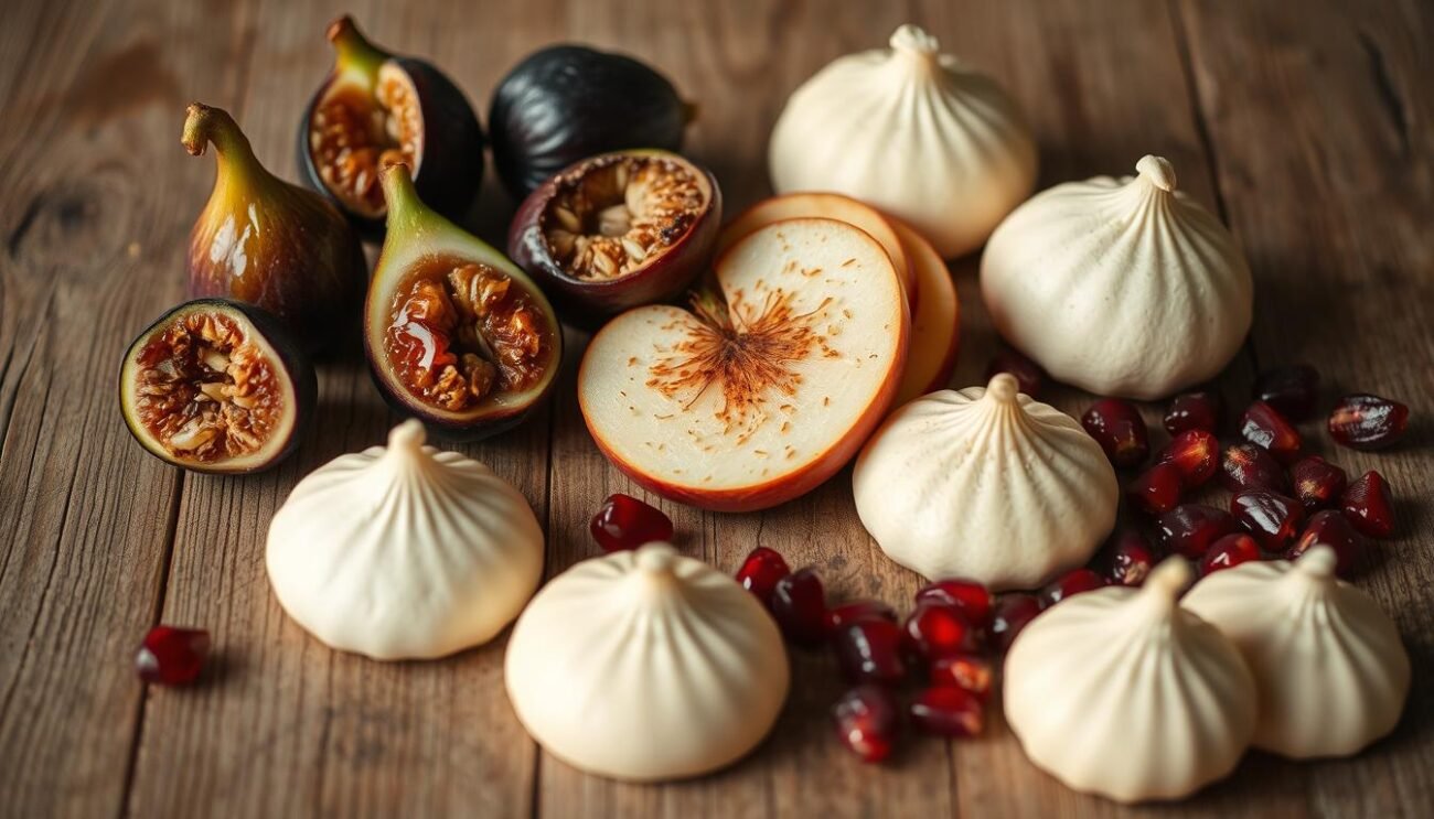 A rustic wooden table, its surface adorned with an array of naturally sweet delights. Glistening honey-drizzled figs, plump dates stuffed with toasted almonds, and fragrant cinnamon-dusted apple slices. Soft, pillowy meringues in delicate shades of ivory and pale gold, arranged alongside a scattering of ruby-red pomegranate seeds. Soft, natural lighting casts a warm glow, highlighting the organic textures and earthy tones. A minimalist, elegant composition that captures the essence of "dolci senza zucchero" - sweets without added sugar, crafted with the inherent sweetness of nature's finest ingredients.